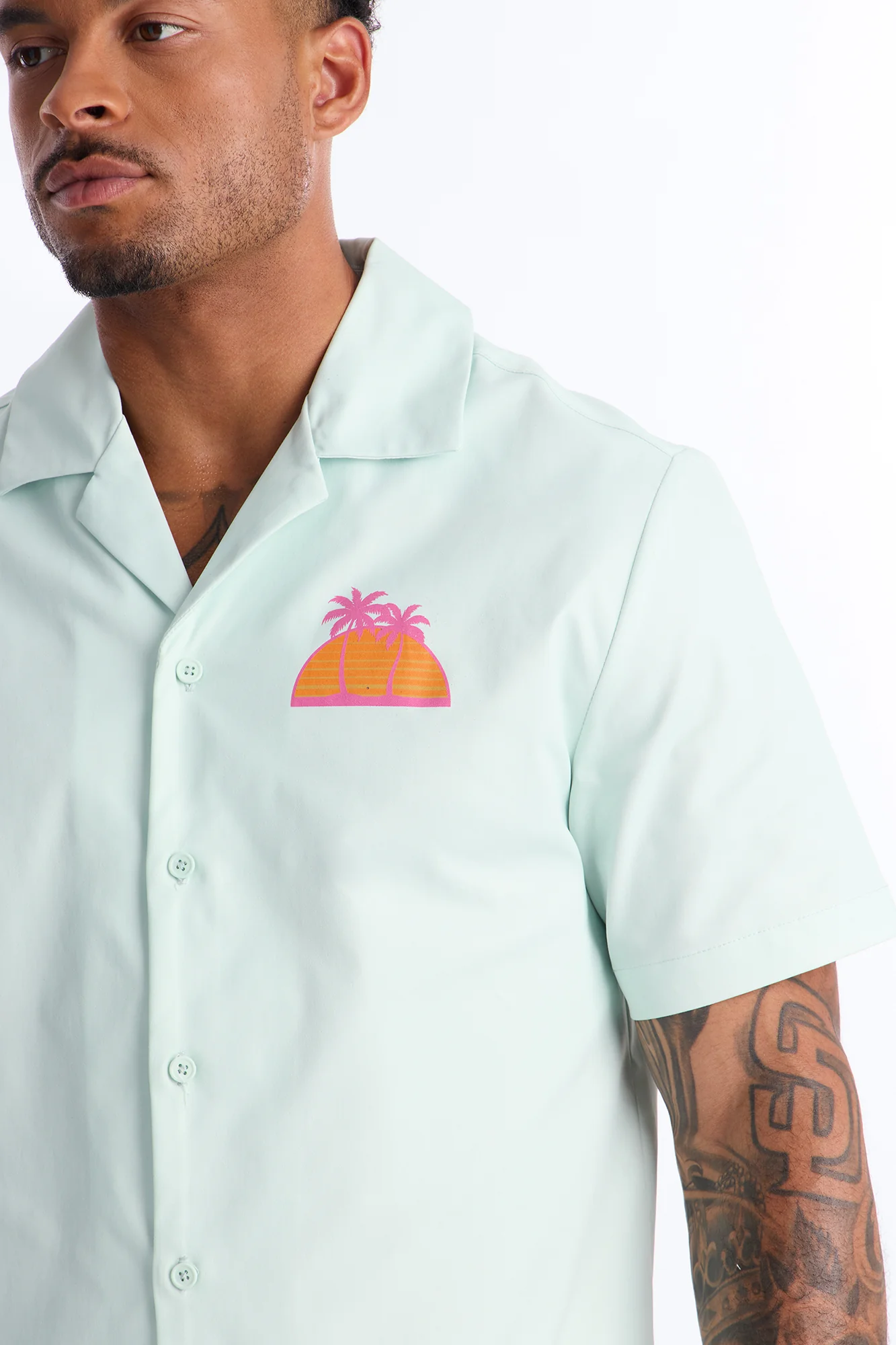 Relaxed Sunset Frenzy Cuban Collar Button Up Shirt - Mint - Image 3