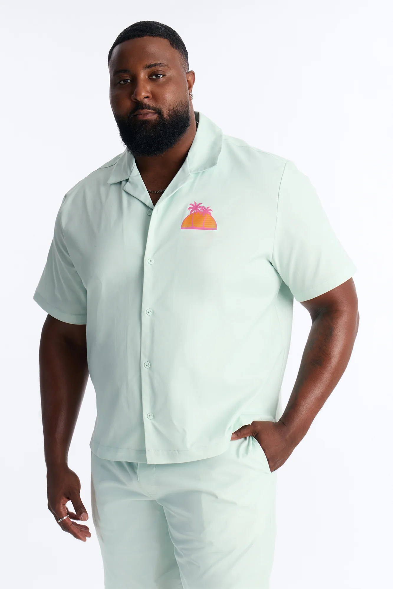 Relaxed Sunset Frenzy Cuban Collar Button Up Shirt - Mint - Image 5