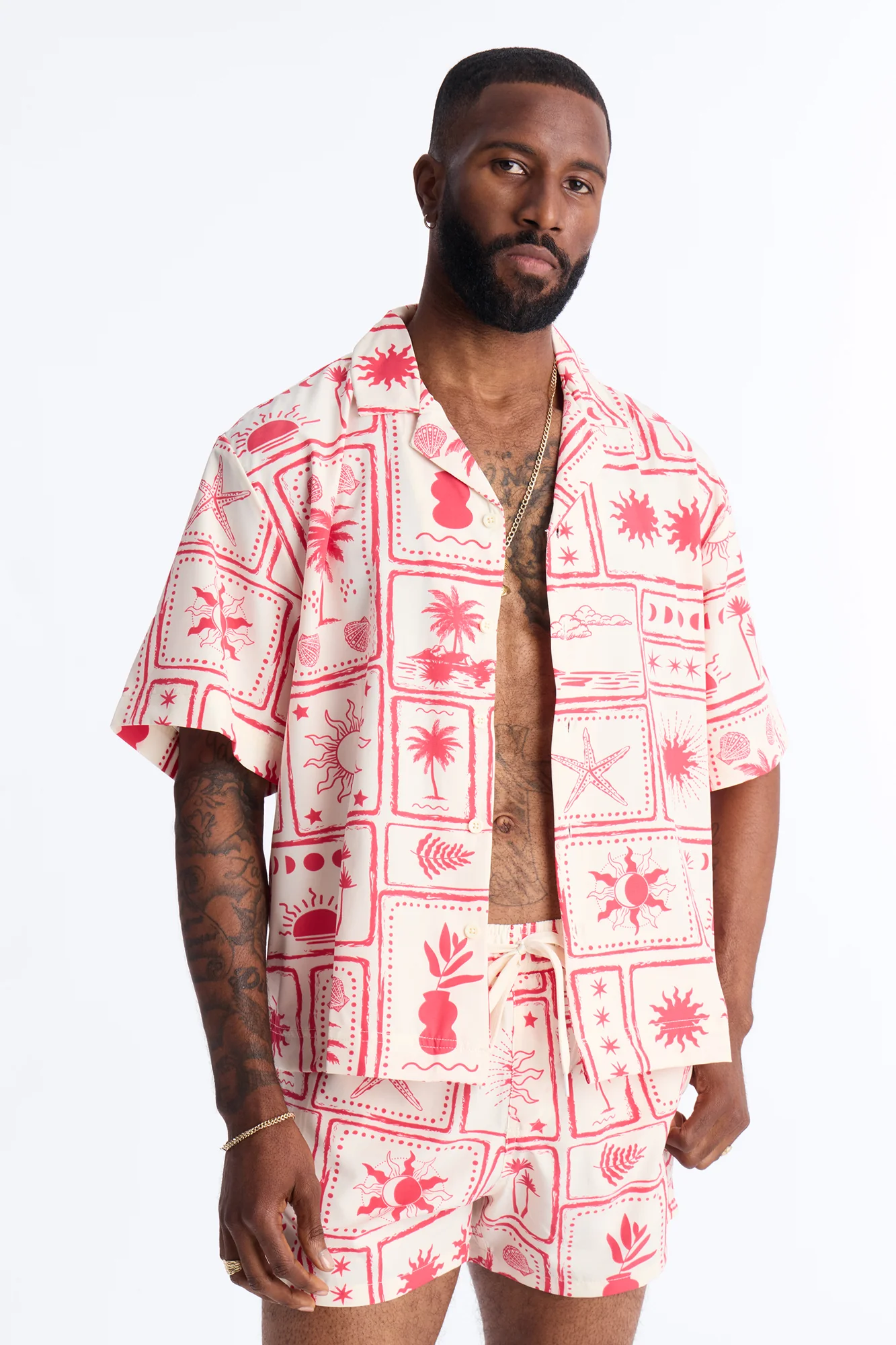Relaxed Vacation Motif Cuban Collar Button Up Shirt - Red
