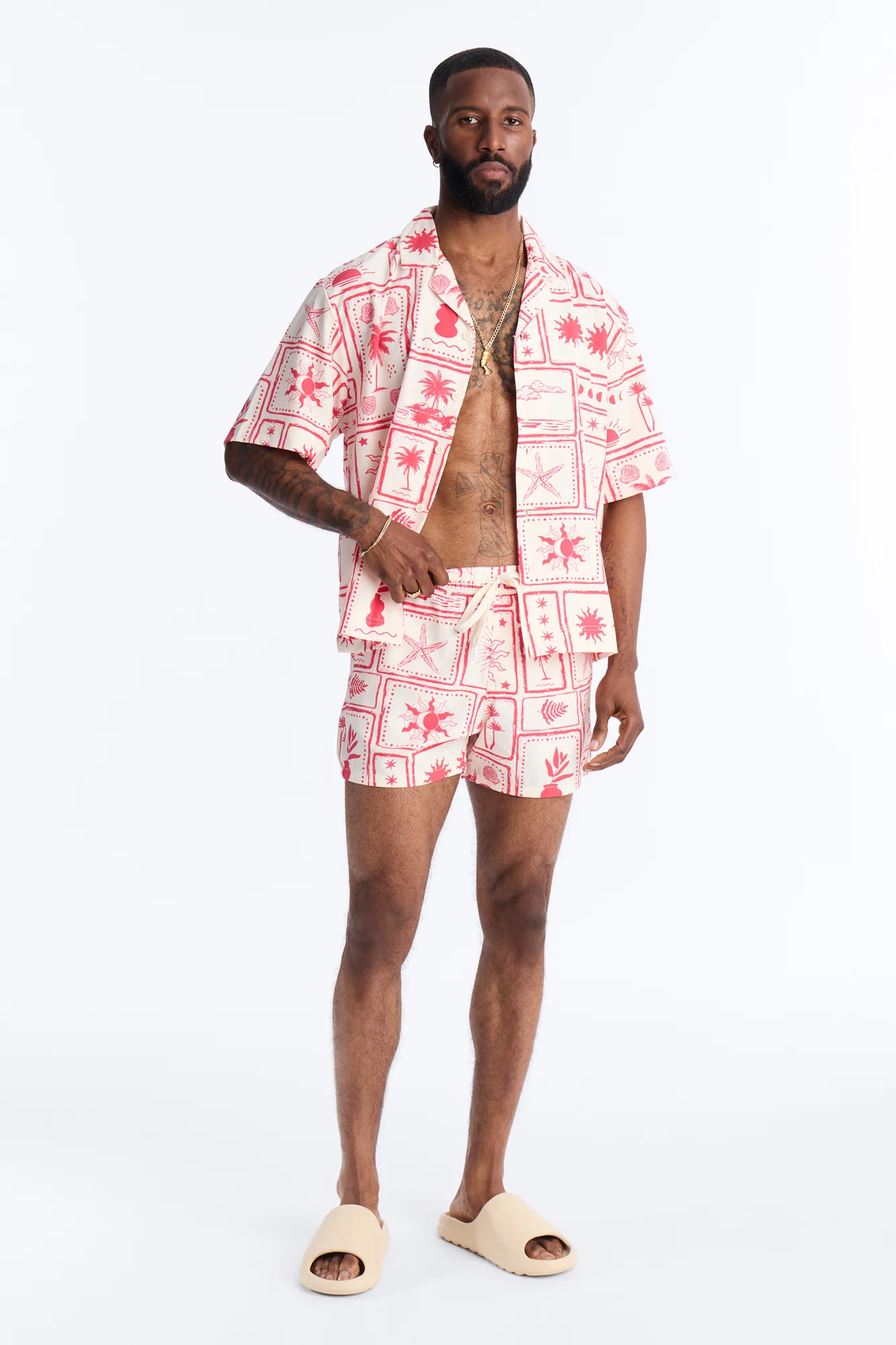 Relaxed Vacation Motif Cuban Collar Button Up Shirt - Red - Image 2