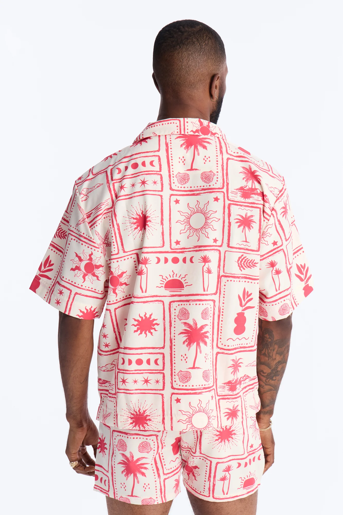 Relaxed Vacation Motif Cuban Collar Button Up Shirt - Red - Image 4