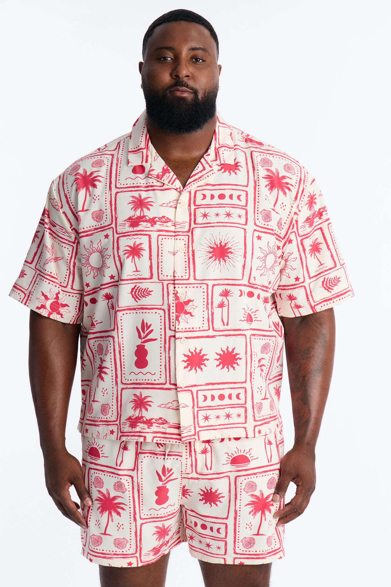 Relaxed Vacation Motif Cuban Collar Button Up Shirt - Red - Image 5
