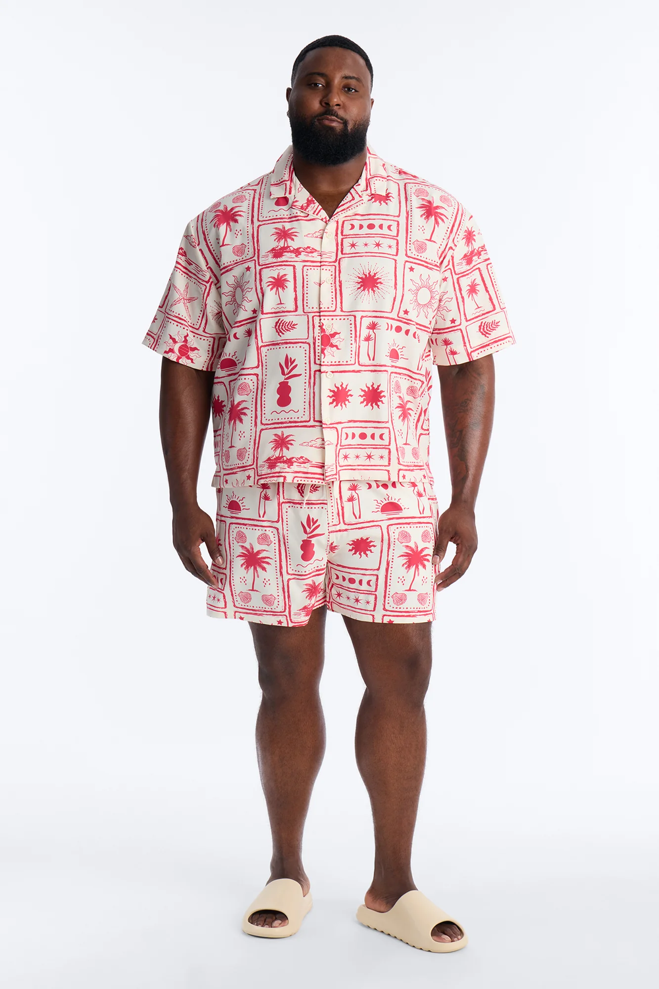 Relaxed Vacation Motif Cuban Collar Button Up Shirt - Red - Image 6