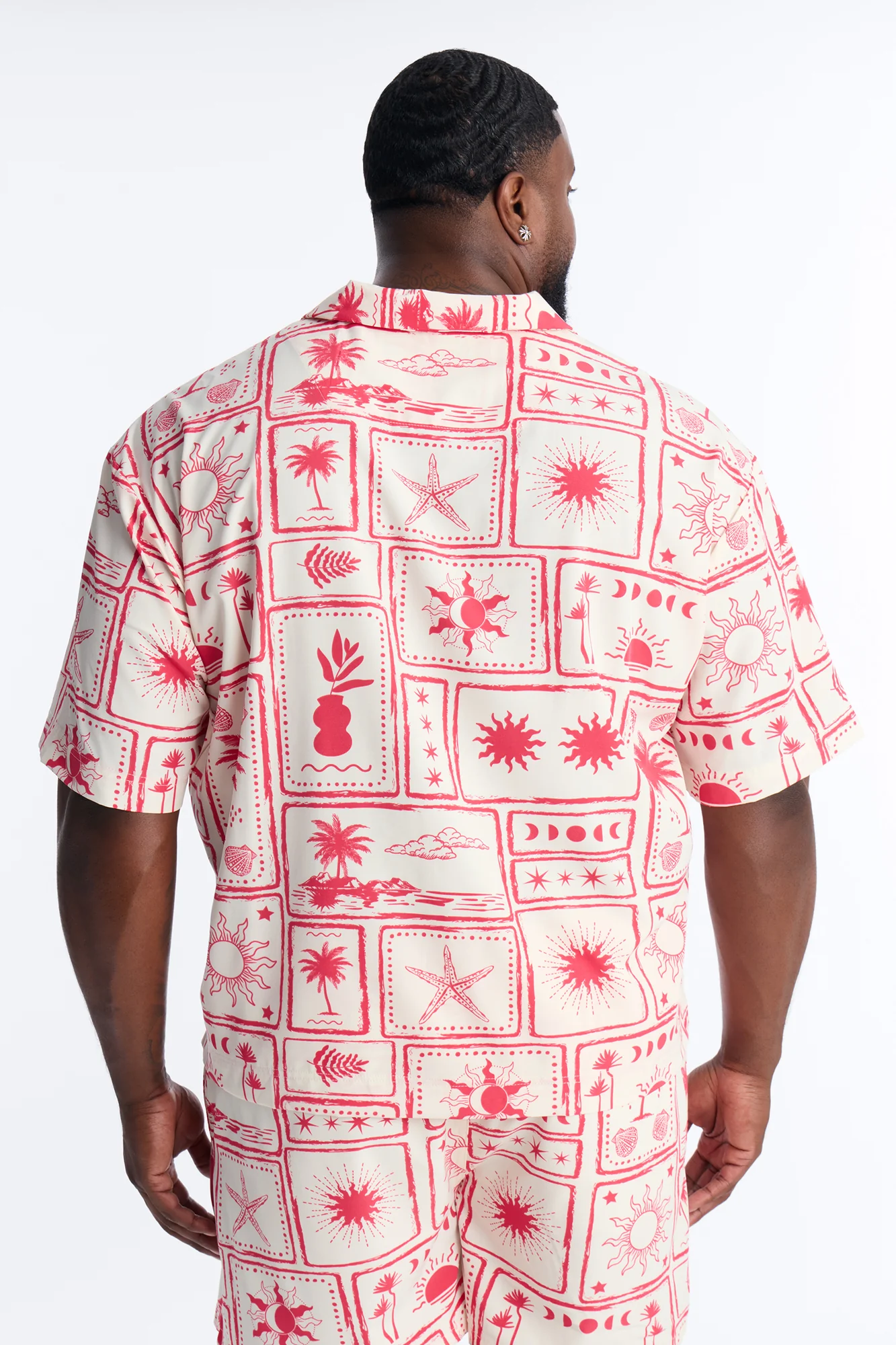 Relaxed Vacation Motif Cuban Collar Button Up Shirt - Red - Image 8