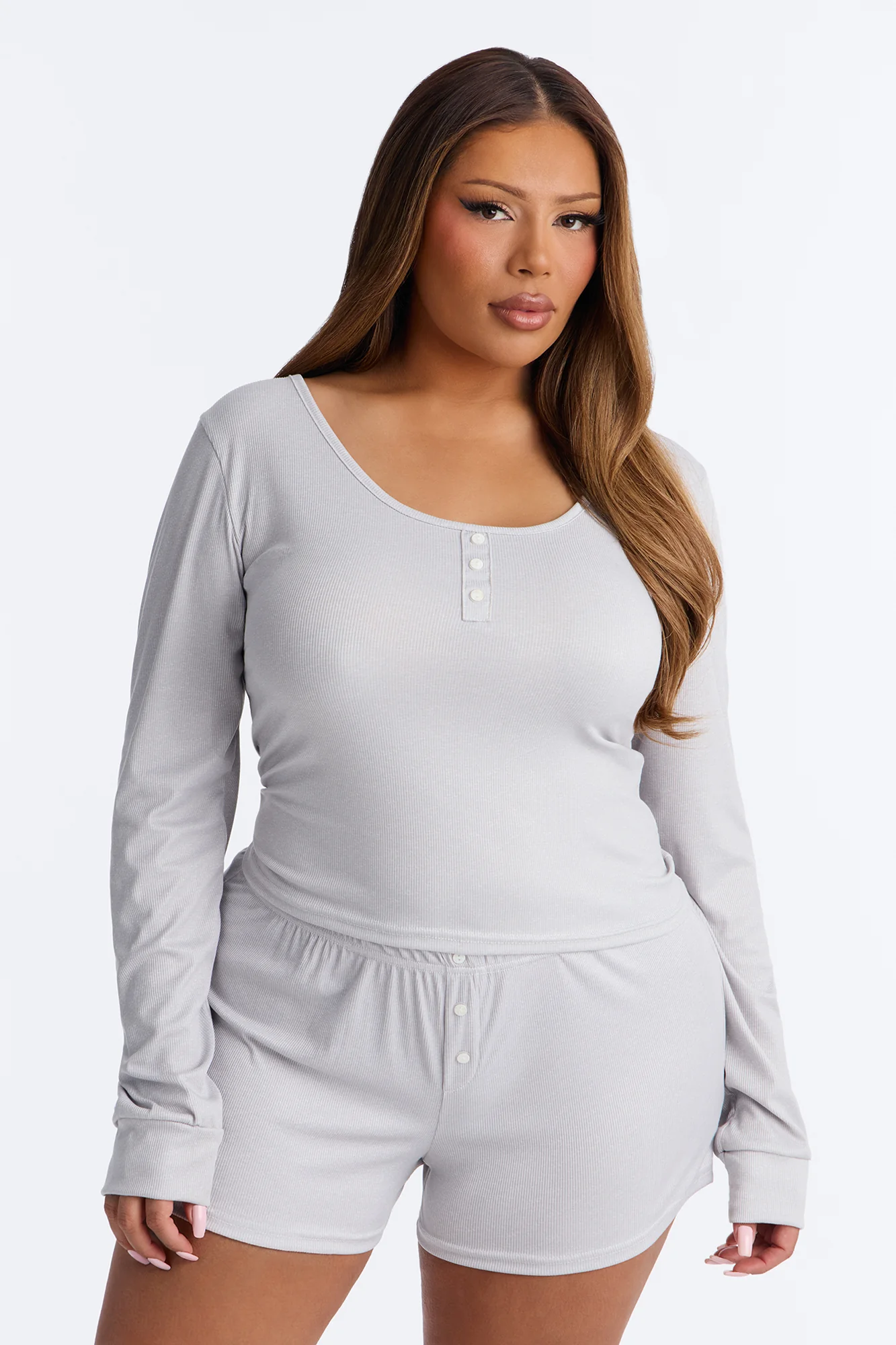 Relaxed Vibe Ribbed Henley PJ Boxer Short Set - Heather Grey - Image 4