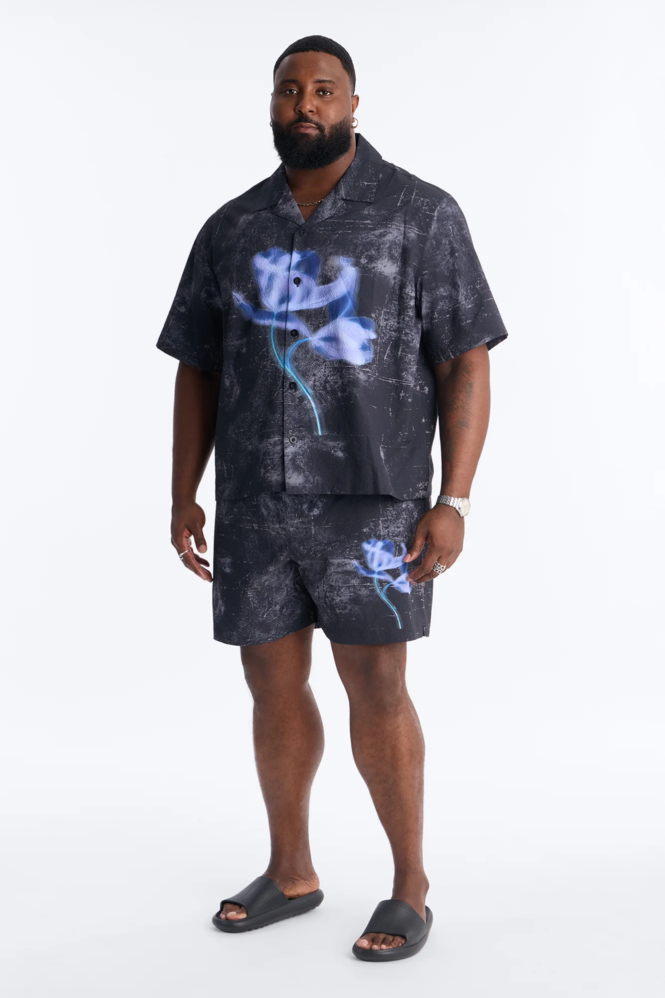 Relaxed Violet Static Seersucker Cuban Collar Up Shirt - Black - Image 6