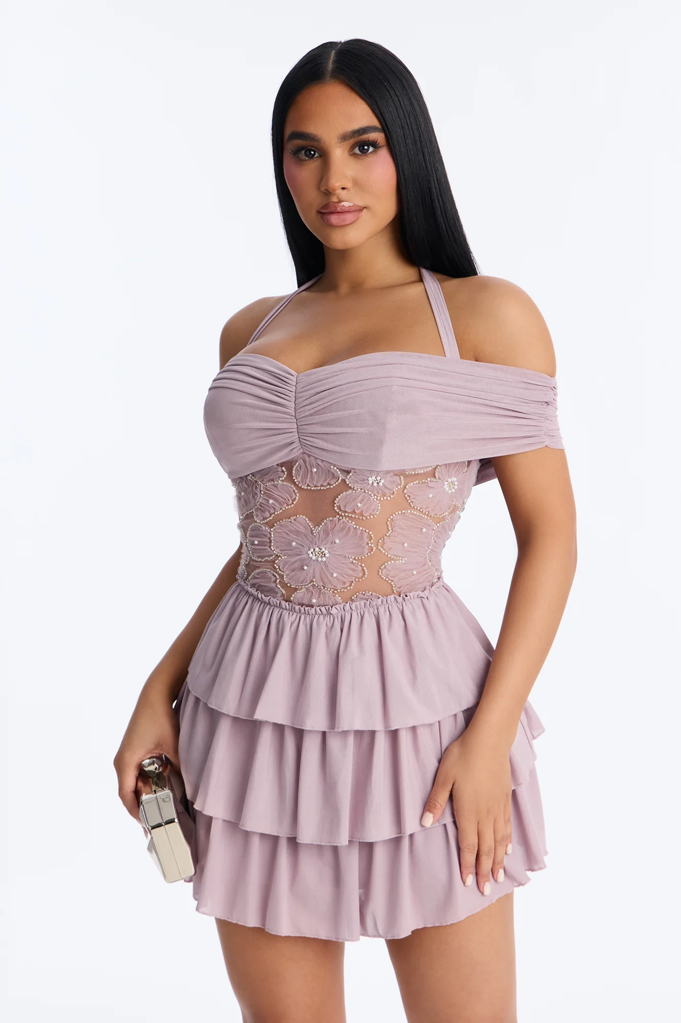 Remi Ruffle Beaded Mesh Mini Dress - Mauve