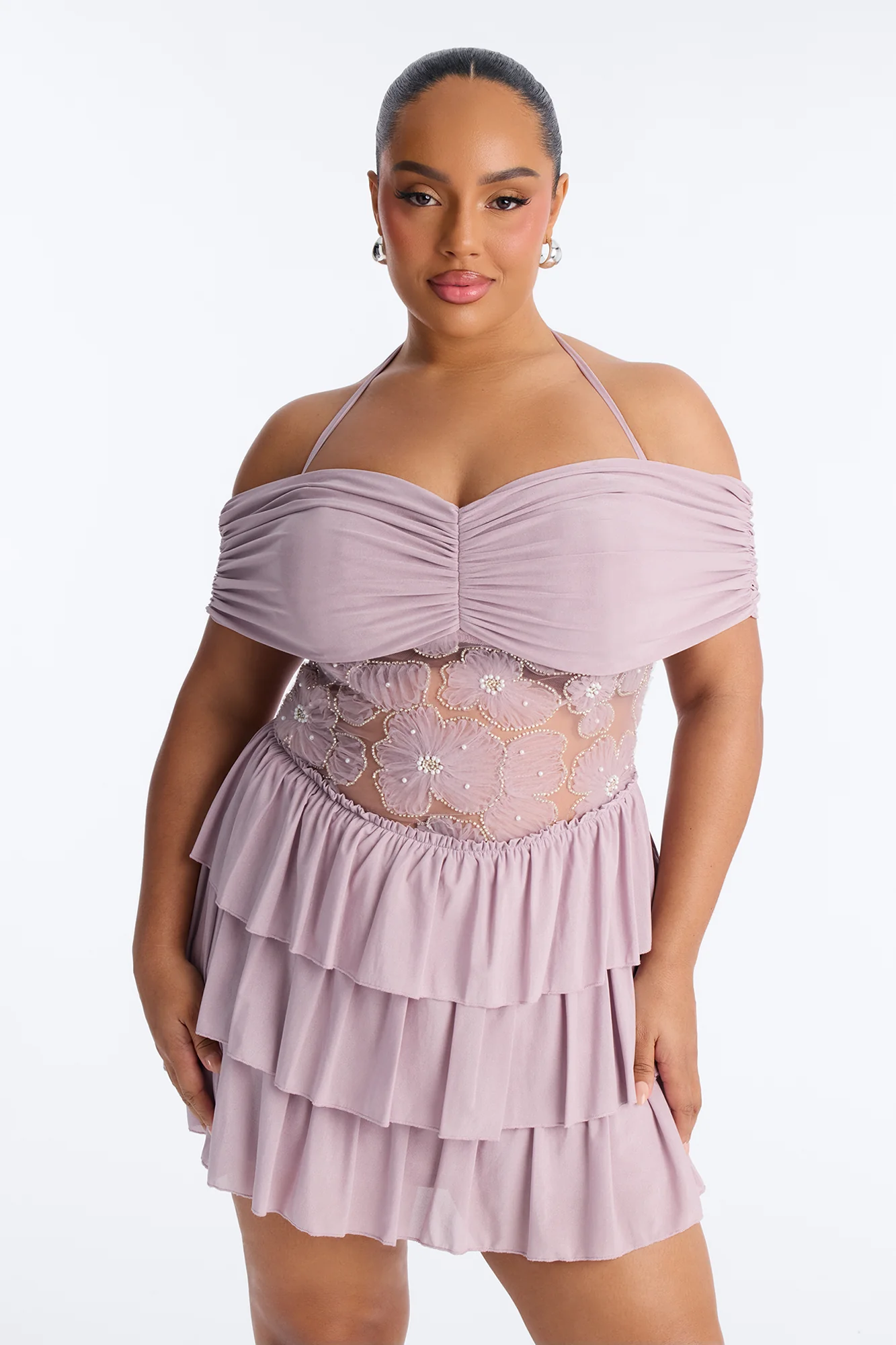 Remi Ruffle Beaded Mesh Mini Dress - Mauve - Image 5