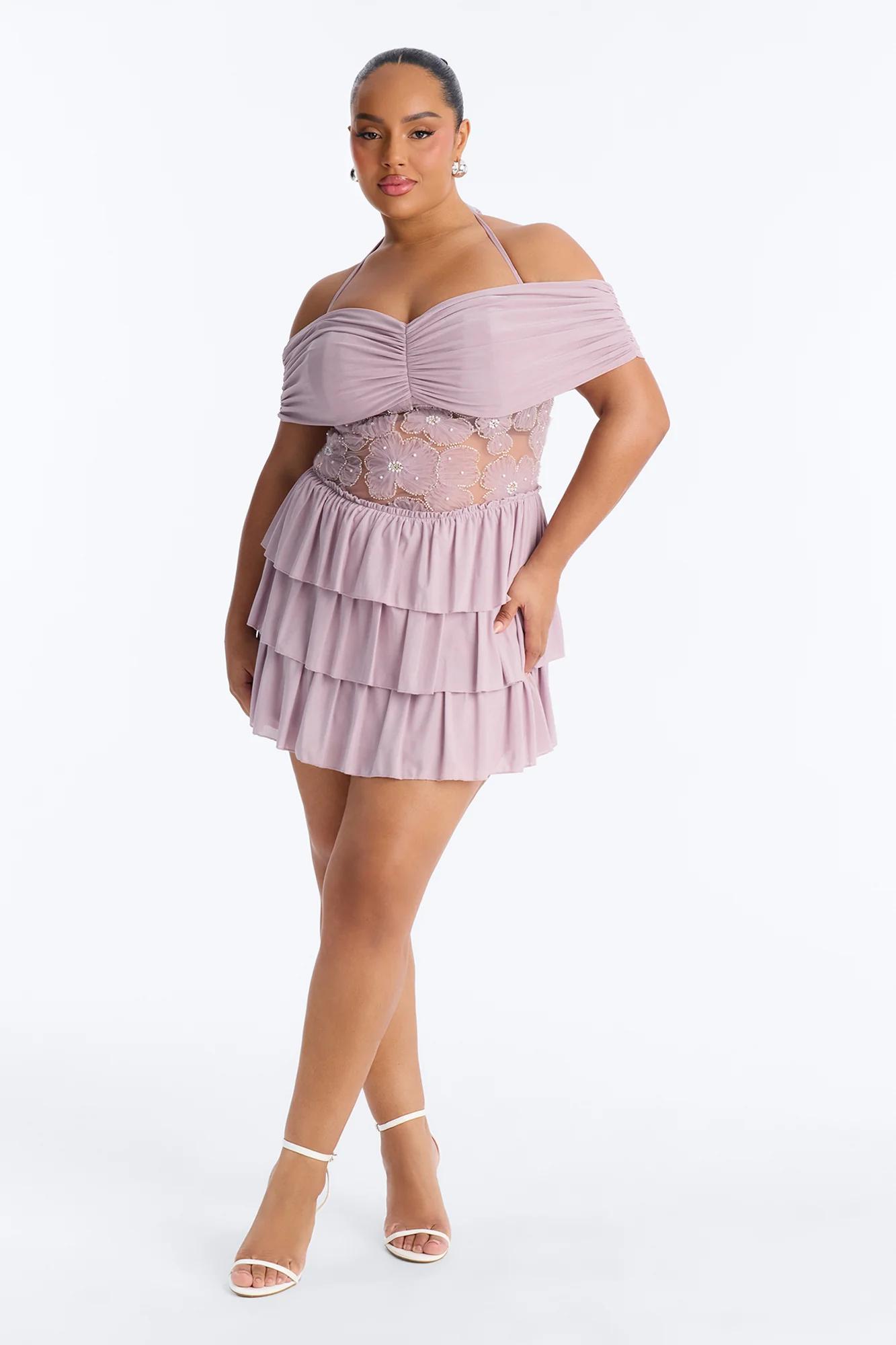 Remi Ruffle Beaded Mesh Mini Dress - Mauve - Image 6