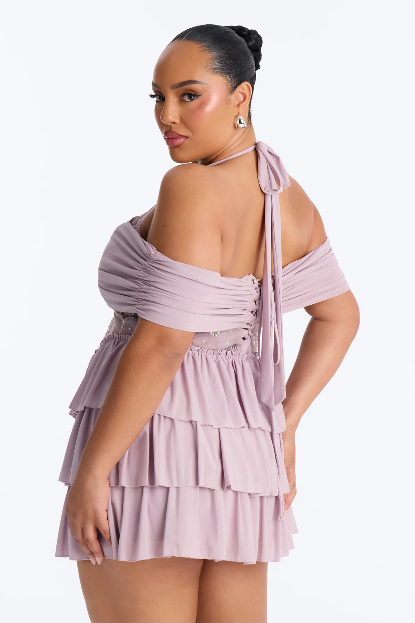 Remi Ruffle Beaded Mesh Mini Dress - Mauve - Image 8