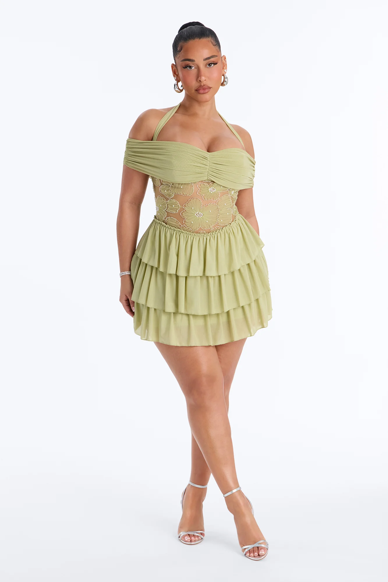 Remi Ruffle Beaded Mesh Mini Dress - Sage