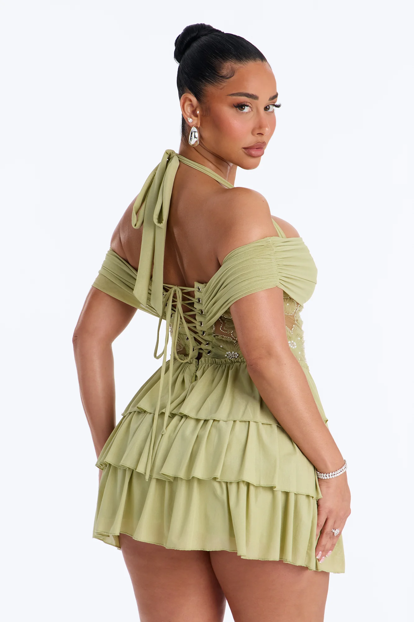 Remi Ruffle Beaded Mesh Mini Dress - Sage - Image 4