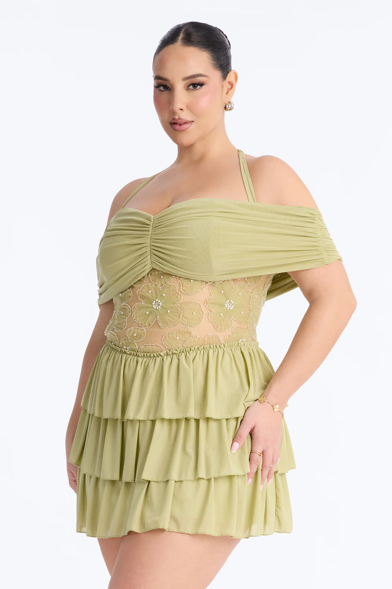 Remi Ruffle Beaded Mesh Mini Dress - Sage - Image 5