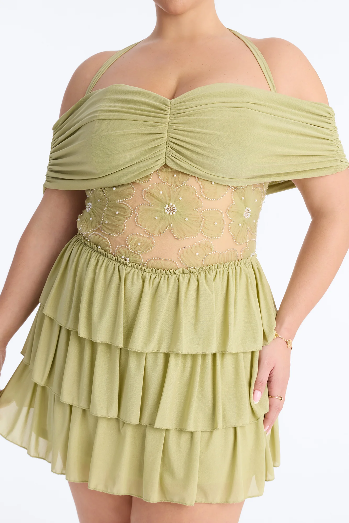 Remi Ruffle Beaded Mesh Mini Dress - Sage - Image 7