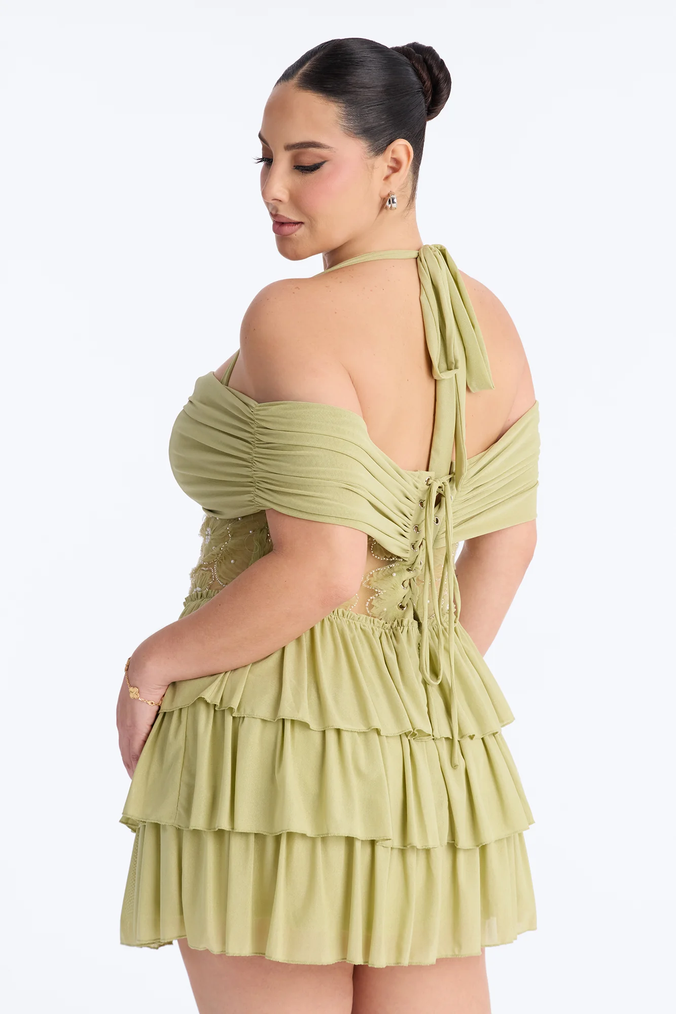 Remi Ruffle Beaded Mesh Mini Dress - Sage - Image 8