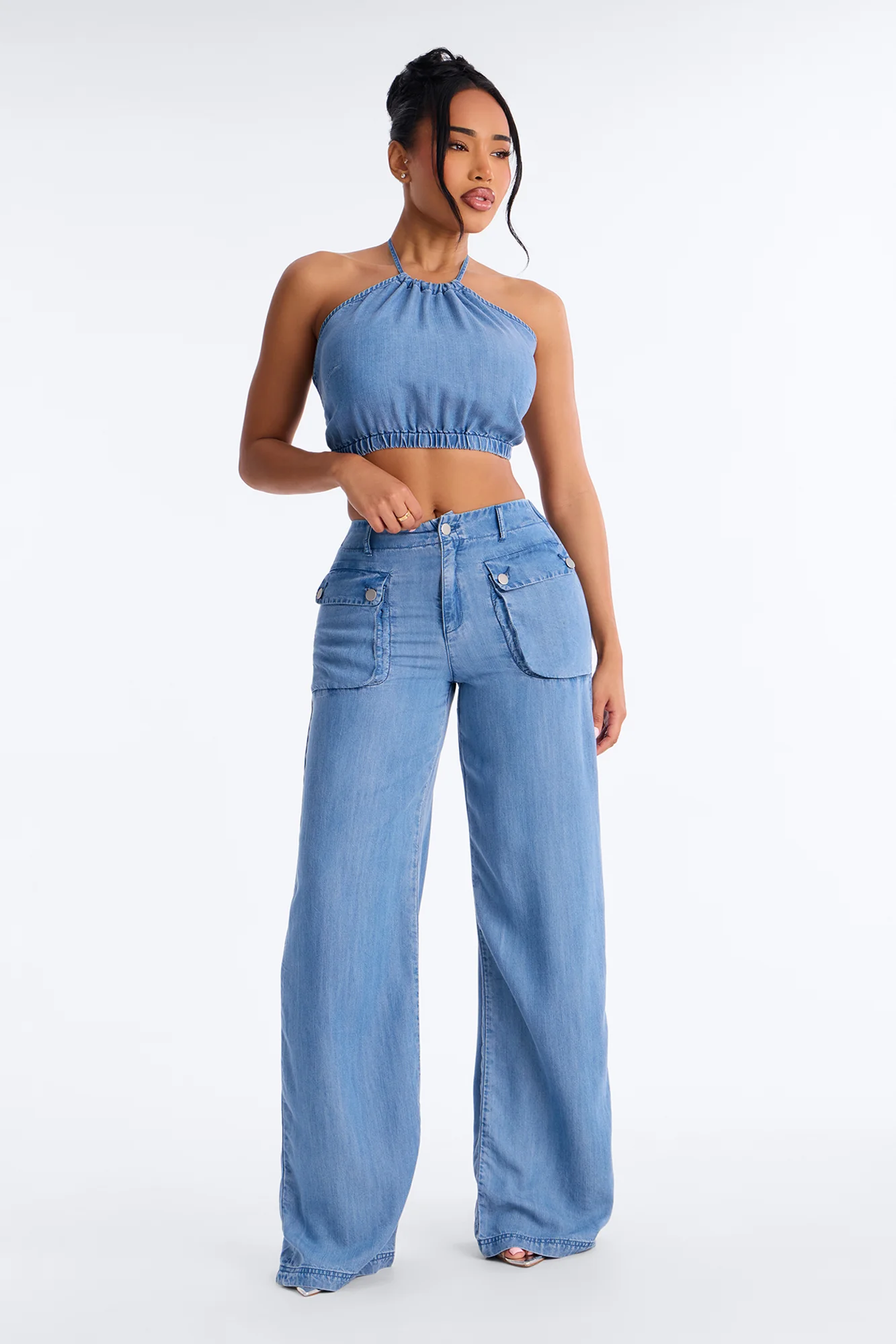 Renee Chambray Halter Pant Set - Blue