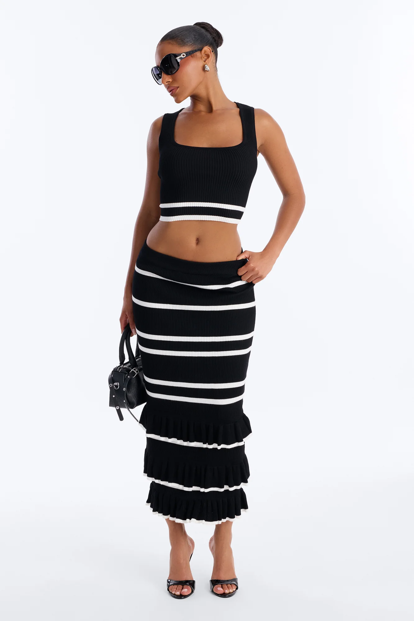 Renee Striped Sweater Ruffle Maxi Skirt Set - Black