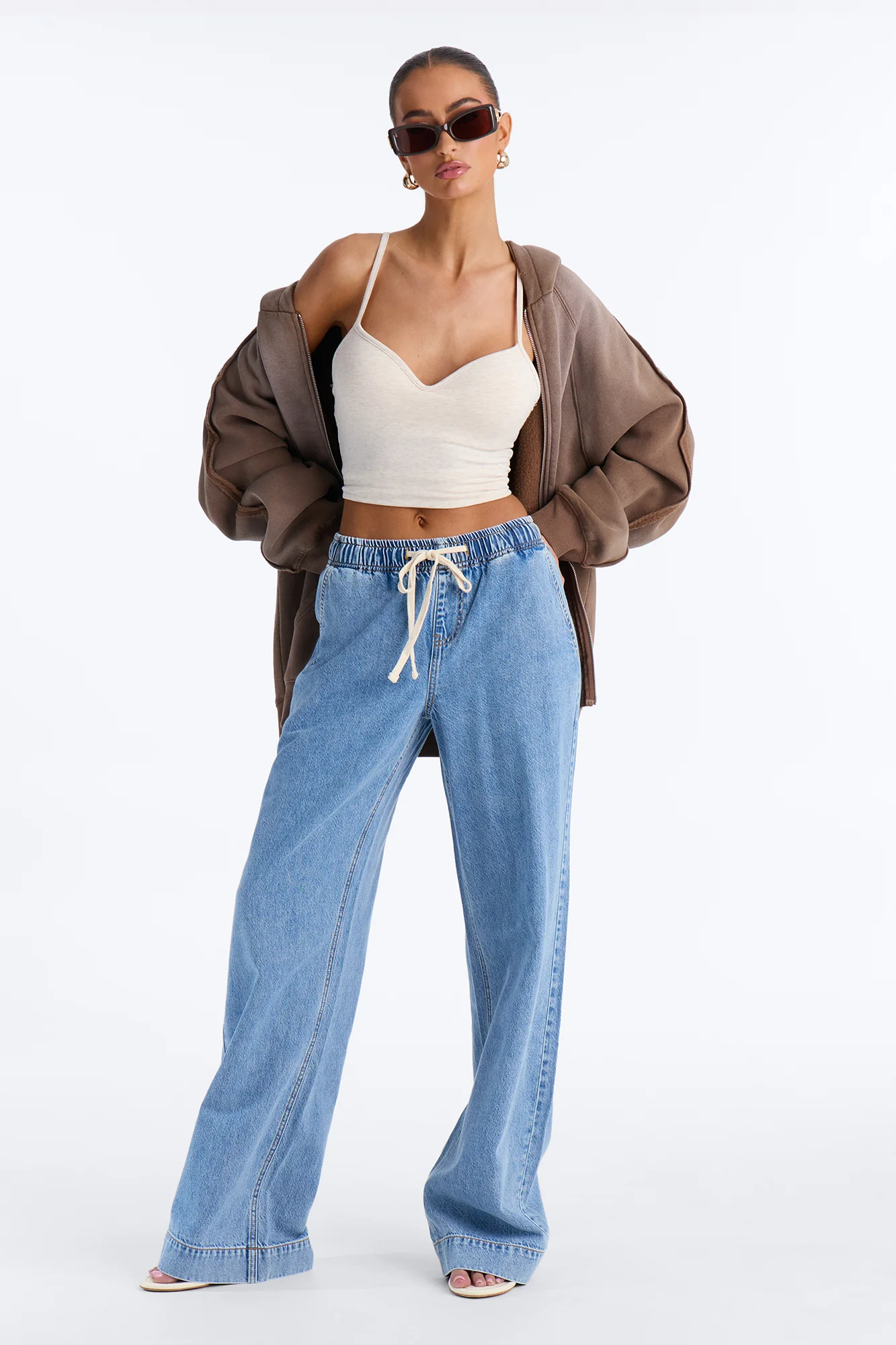 Resort Life Drapey Tie Waist Jeans - Light Wash - Image 2