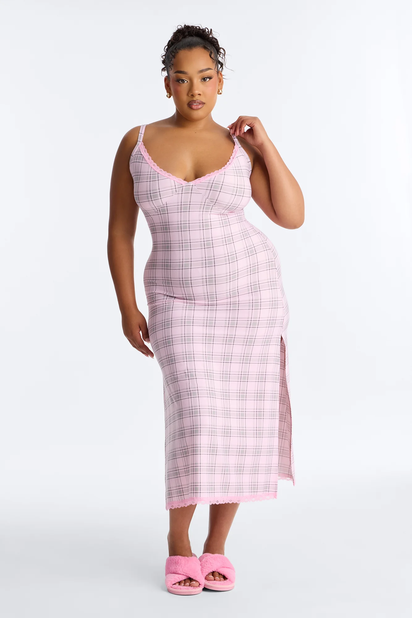 Rest Like Royalty Plaid PJ Cami Midi Sleep Dress - Pink/combo - Image 5