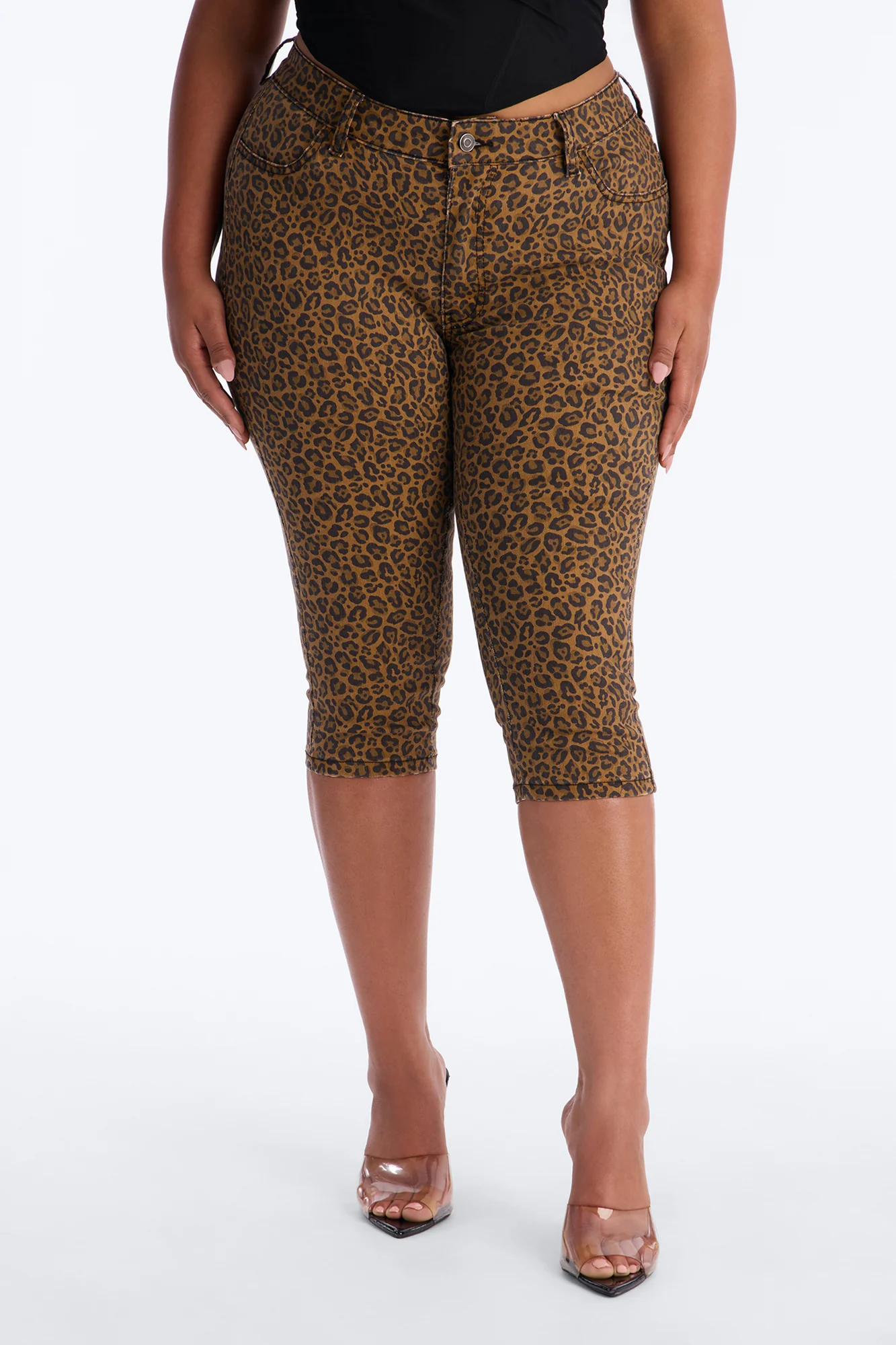 Retro Animal Skinny Capri Jeans - Brown Combo - Image 7