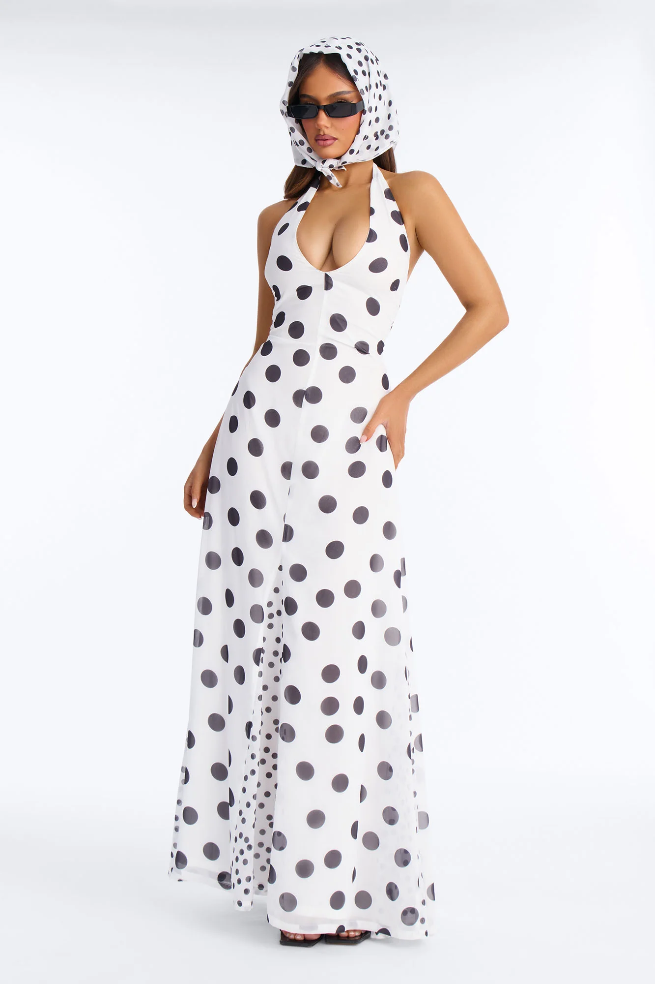 Retro Polka Dot Halter Maxi Dress Set - White/Black