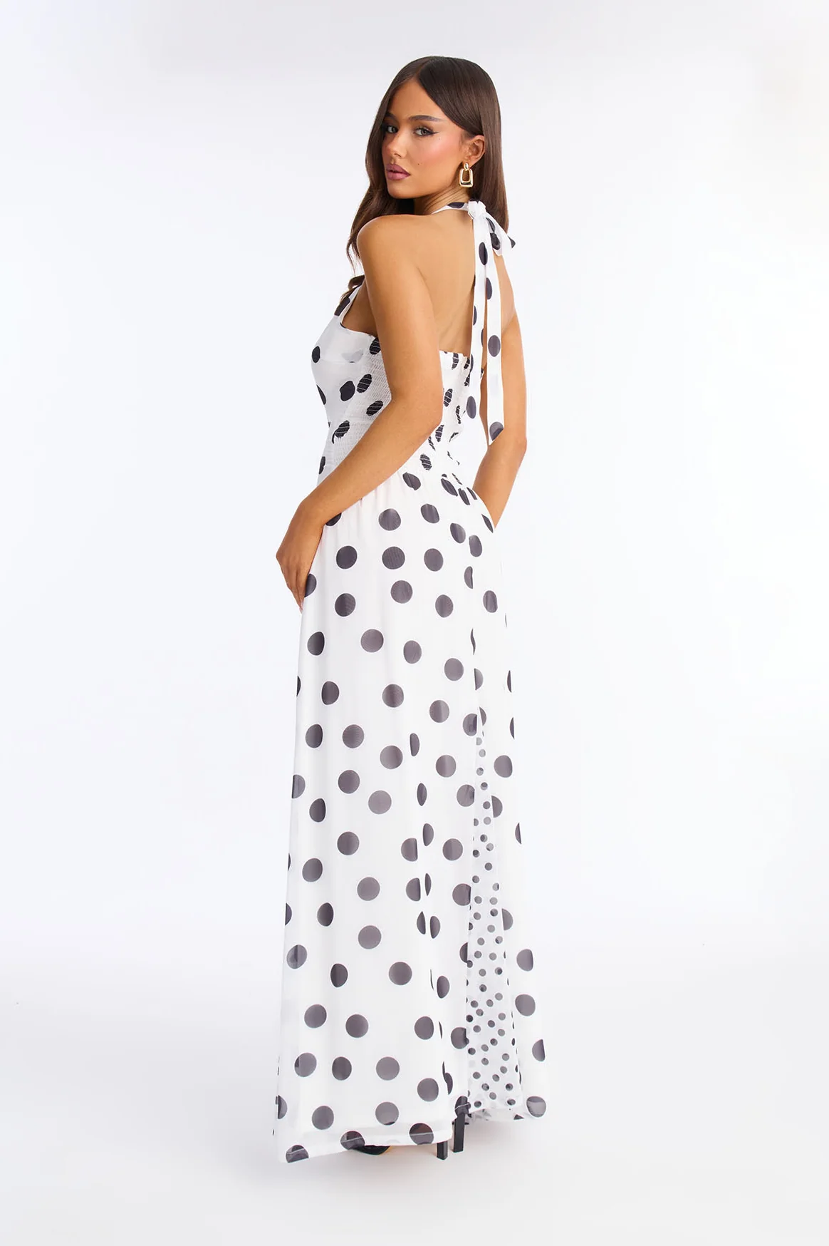 Retro Polka Dot Halter Maxi Dress Set - White/Black - Image 4