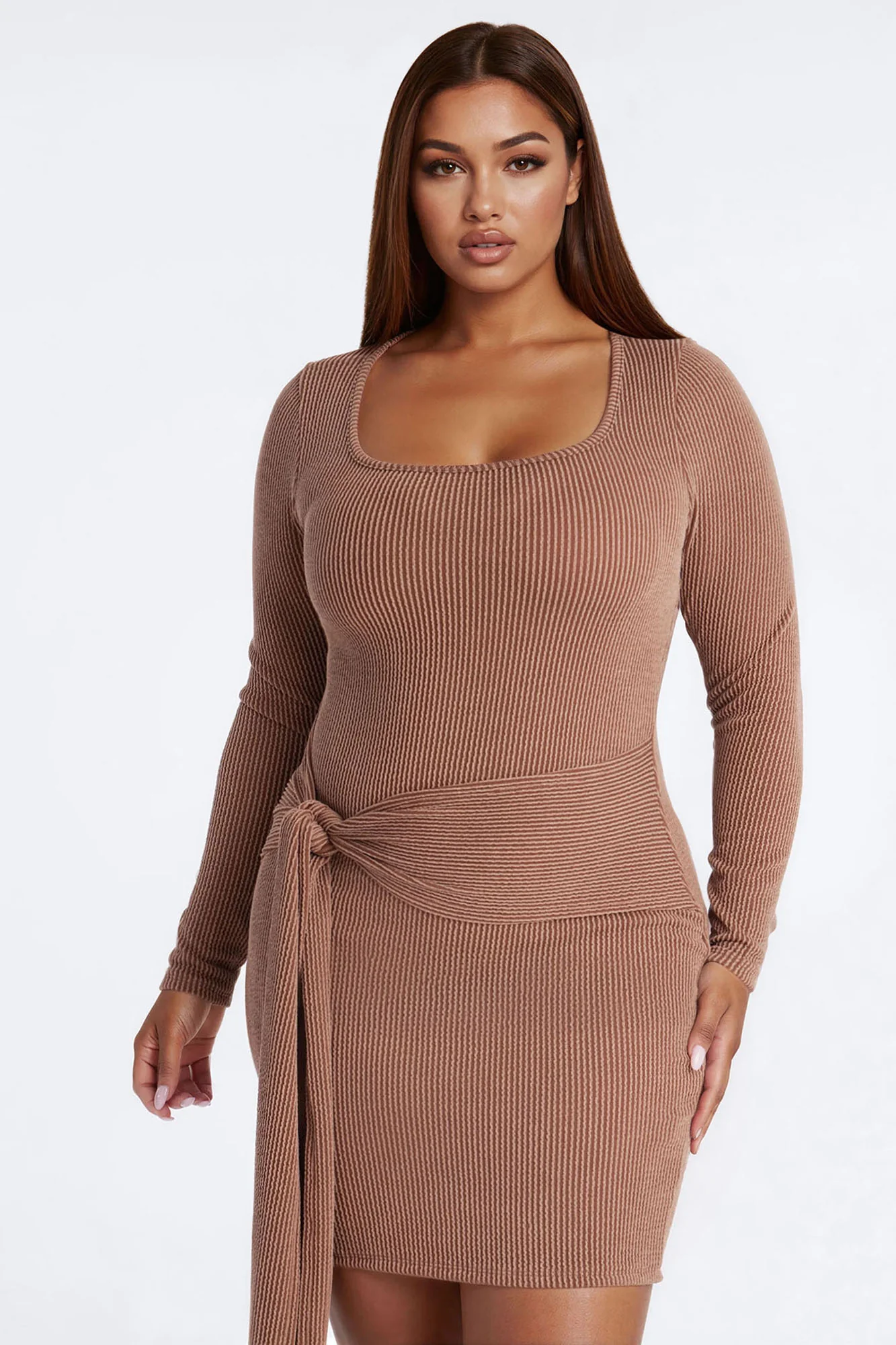 Rhea Long Sleeve Ribbed Midi Dress - Brown - Image 6