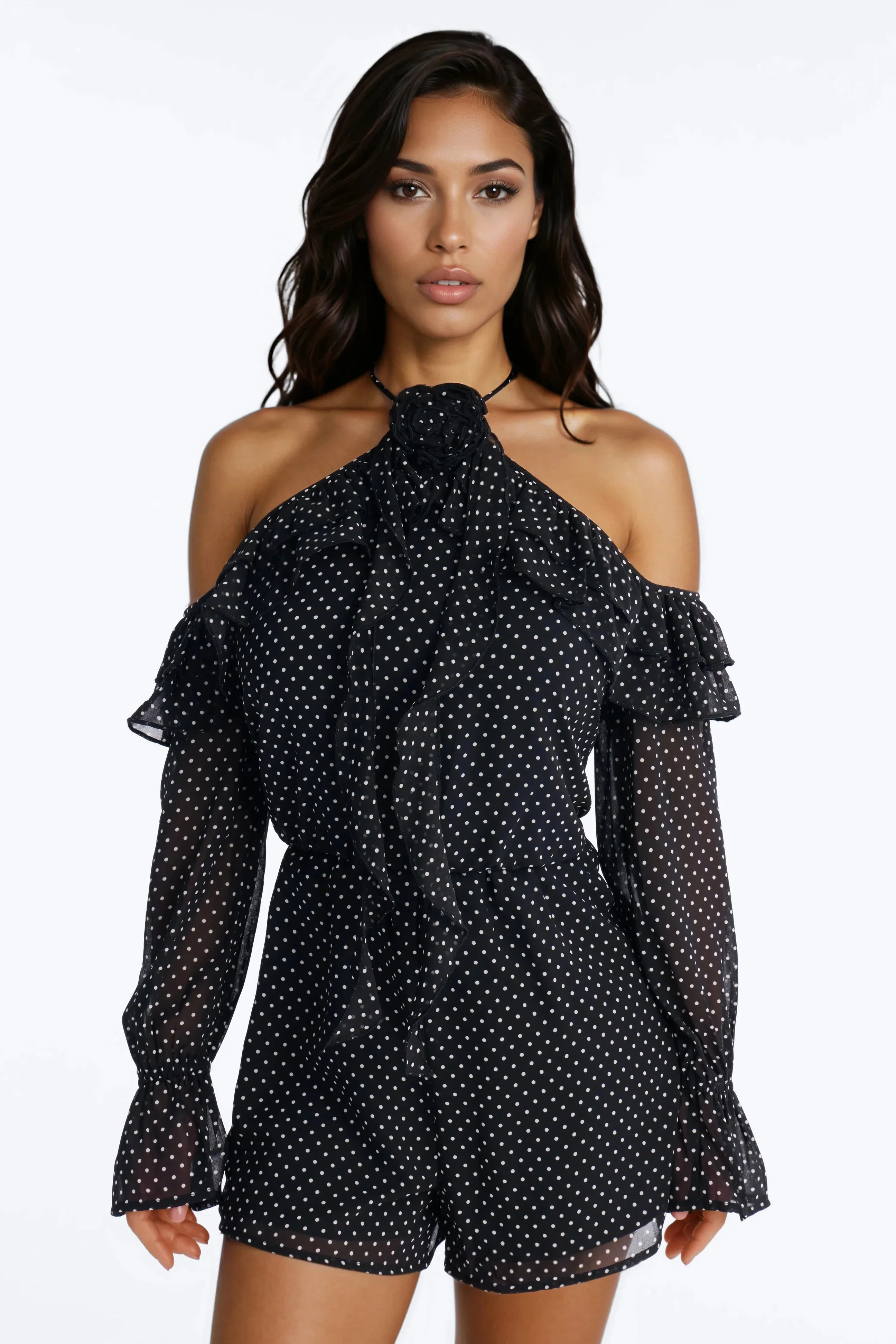 Rhia Polka Dot Chiffon Romper - Black