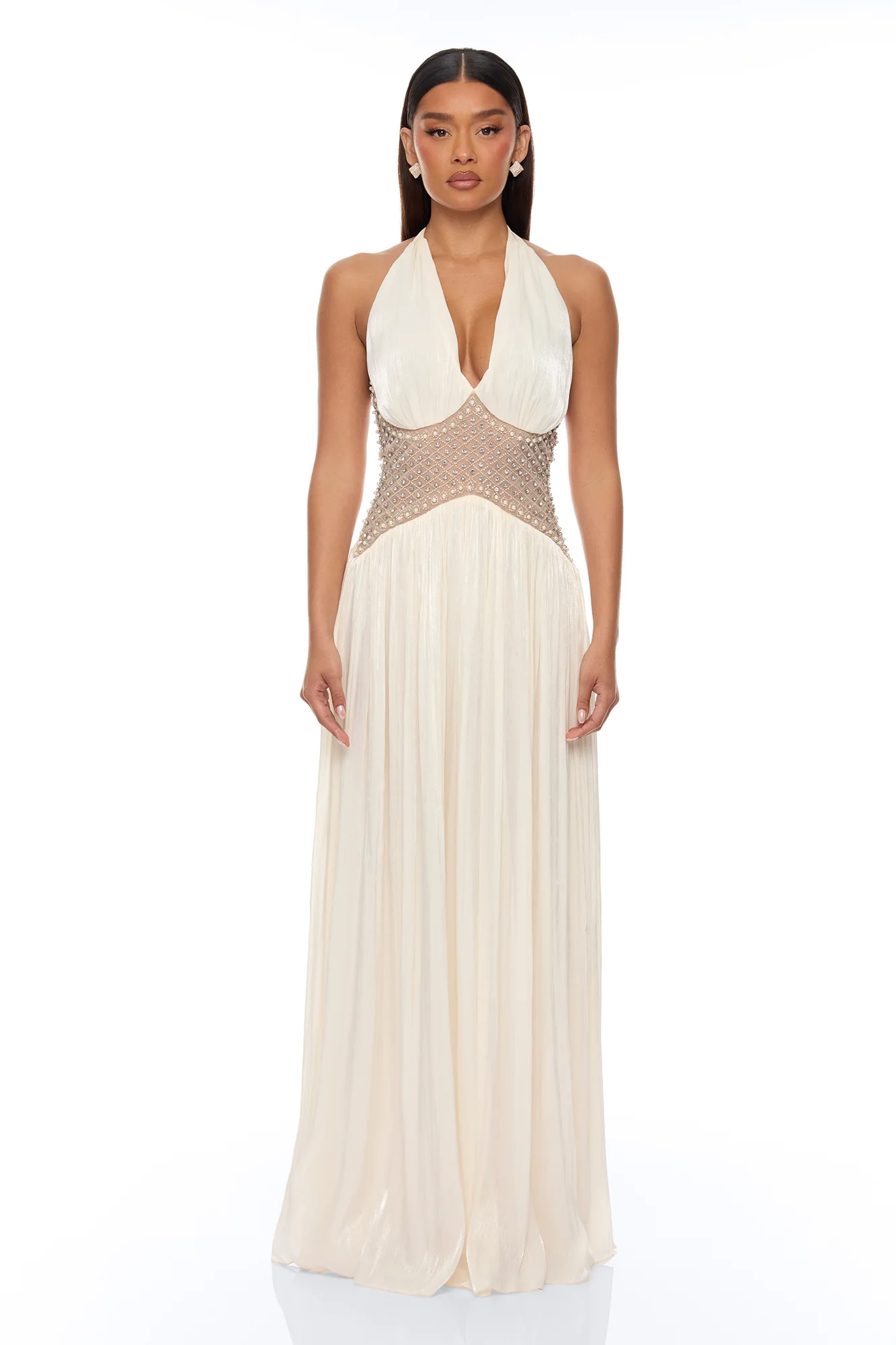 Rhiannon Embellished Halter Maxi Dress - Cream - Image 2