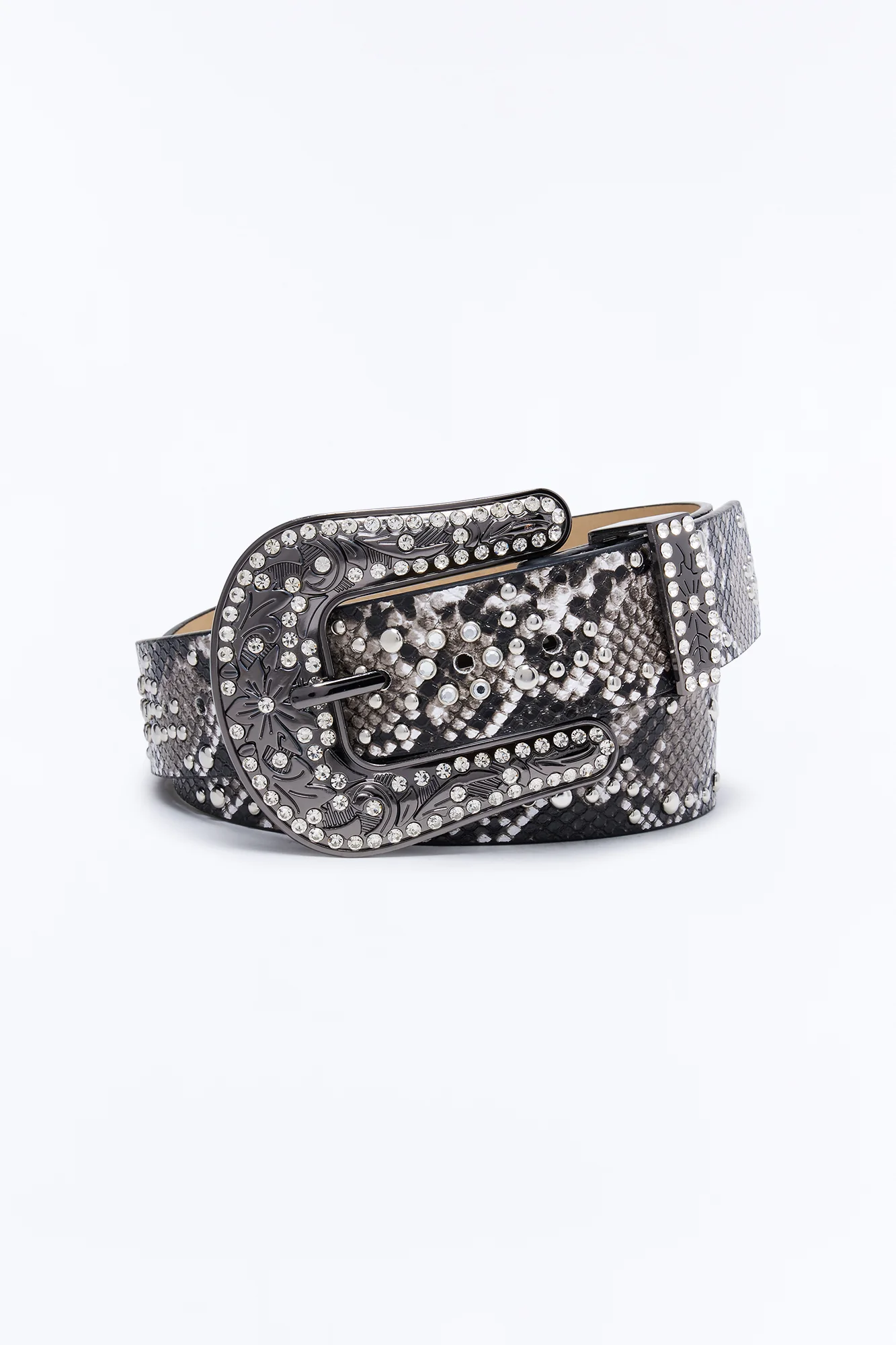 Rhinestone Embellished Snake Western Buckle Belt - Grey - Image 3