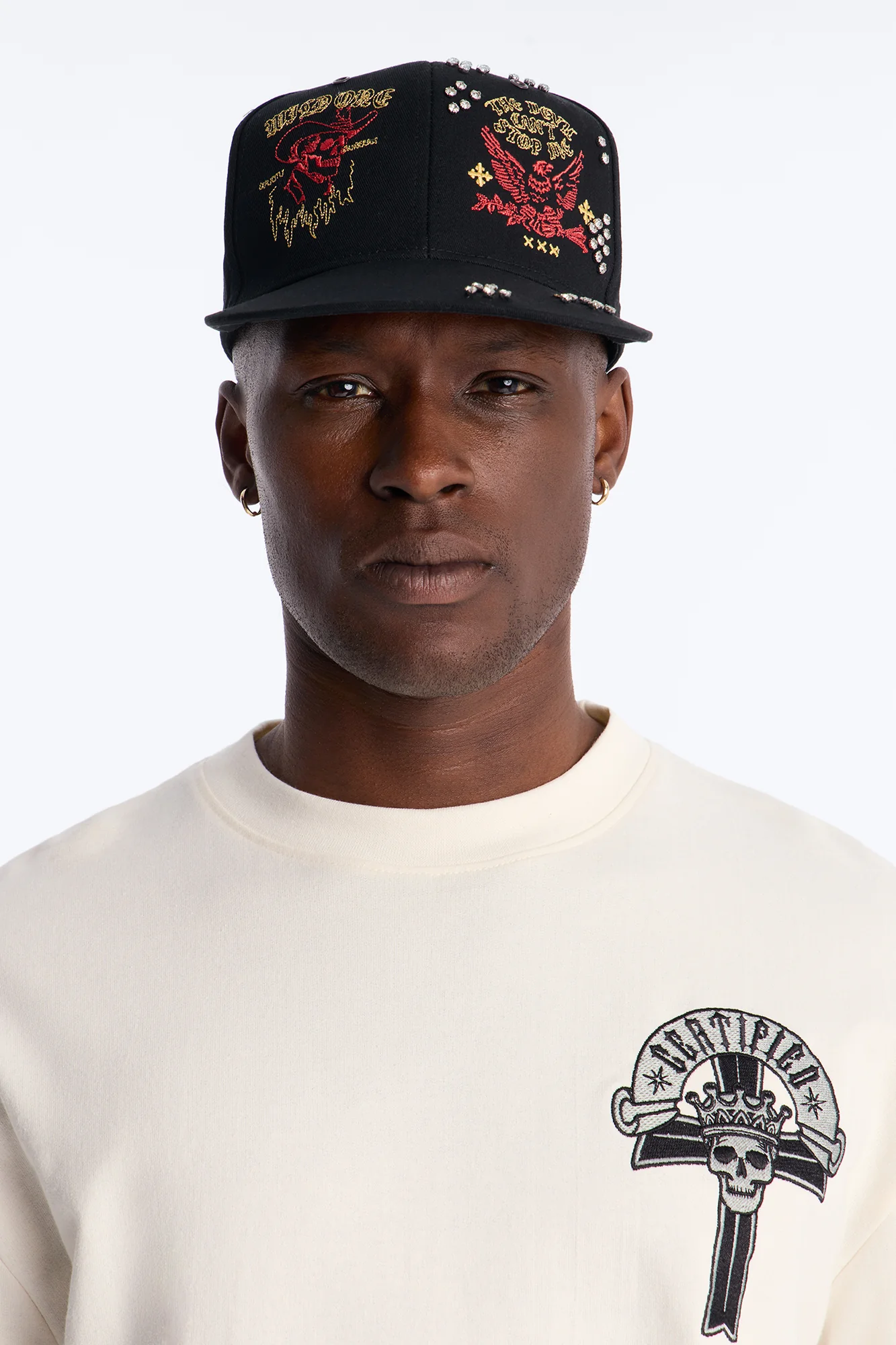Rhinestone Graphic Embroidered Snapback Hat - Black