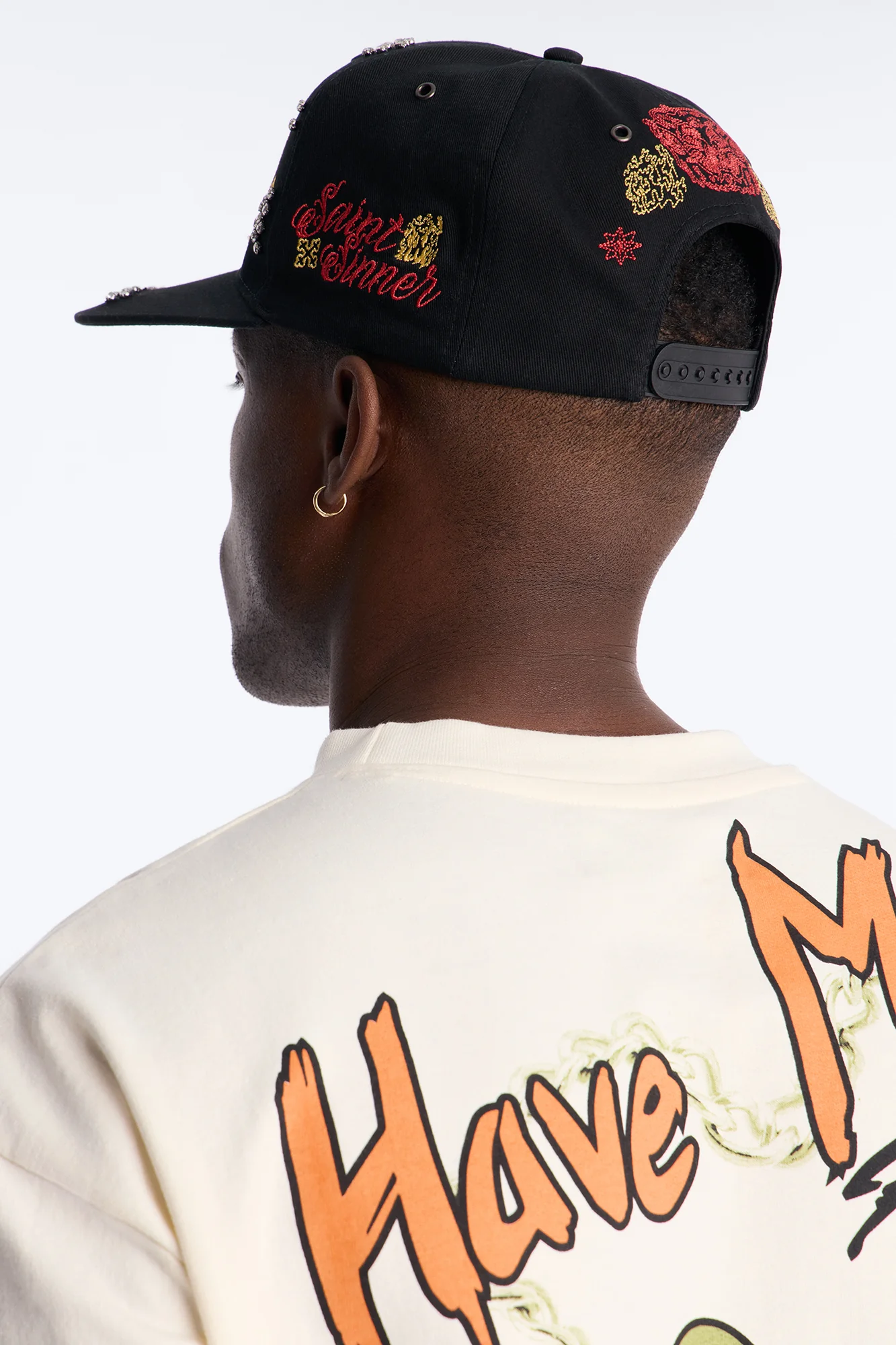Rhinestone Graphic Embroidered Snapback Hat - Black - Image 3