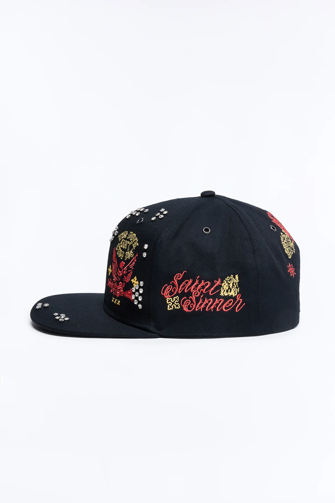 Rhinestone Graphic Embroidered Snapback Hat - Black - Image 5