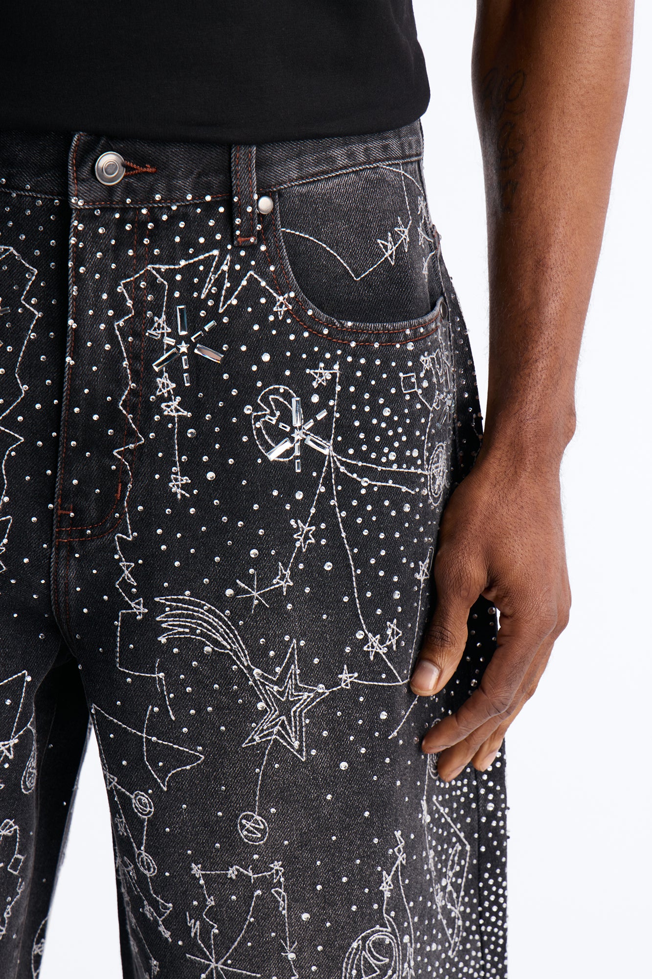 Rhinestone Interstellar Baggy Denim Short - Black Wash - Image 3
