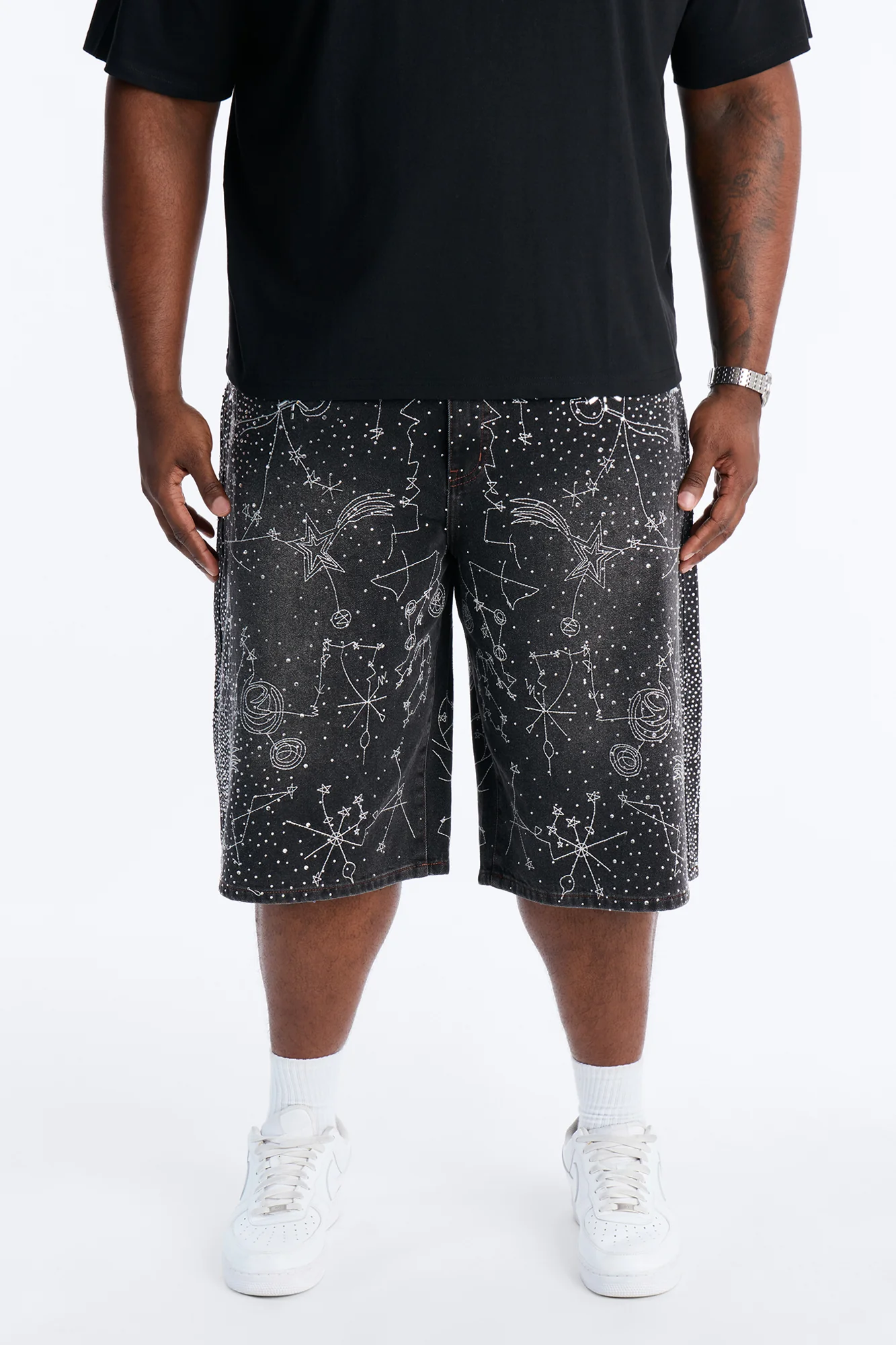 Rhinestone Interstellar Baggy Denim Short - Black Wash - Image 5
