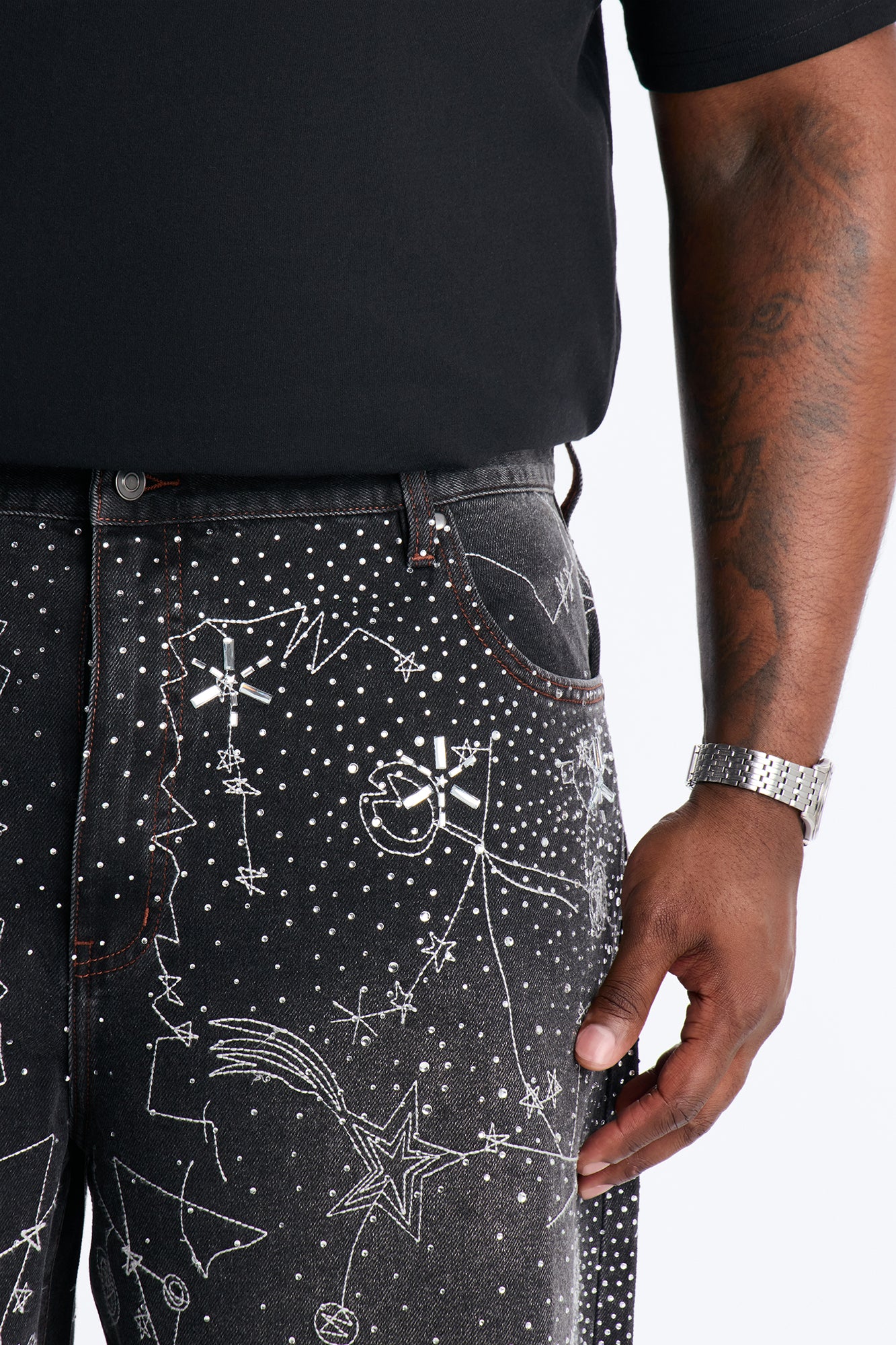 Rhinestone Interstellar Baggy Denim Short - Black Wash - Image 7