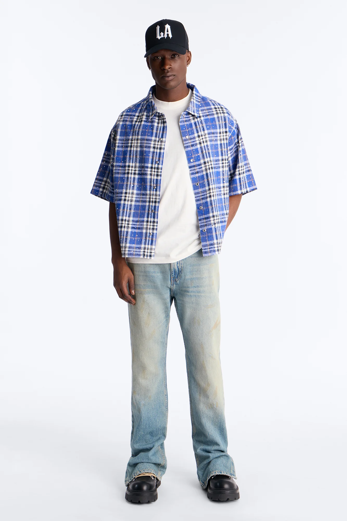 Rhinestone Rain Short Sleeve Plaid Flannel - Royal - Image 2