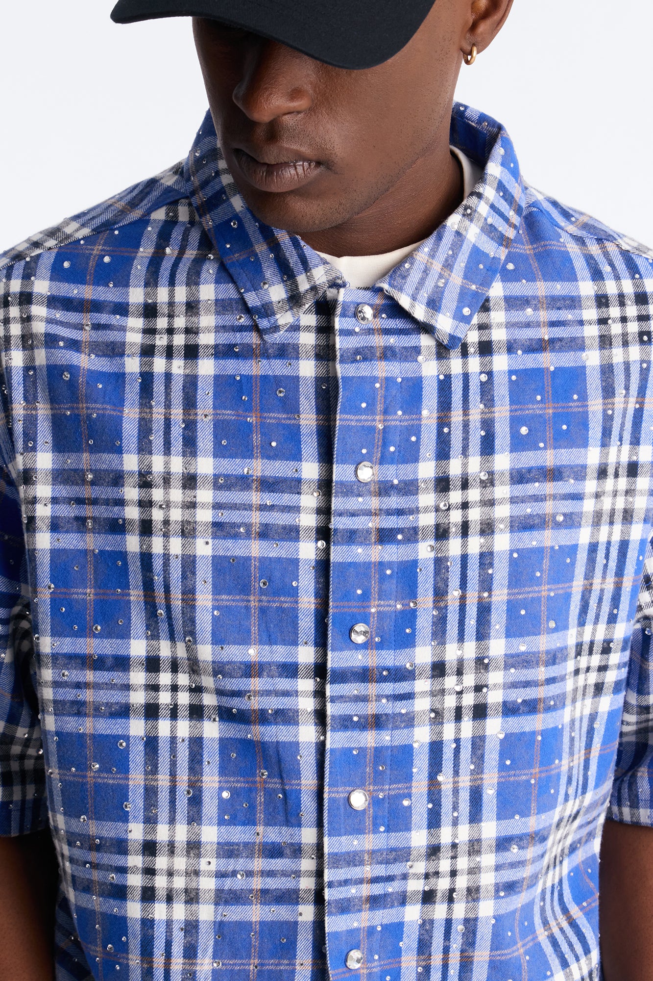 Rhinestone Rain Short Sleeve Plaid Flannel - Royal - Image 3