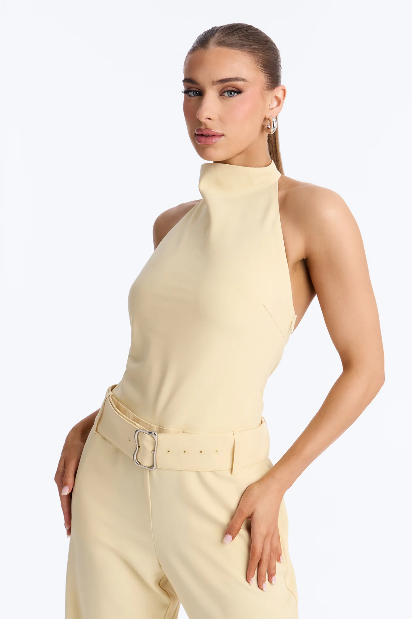 Rhode High Neck Belted Backless Jumpsuit - Yellow - Image 2