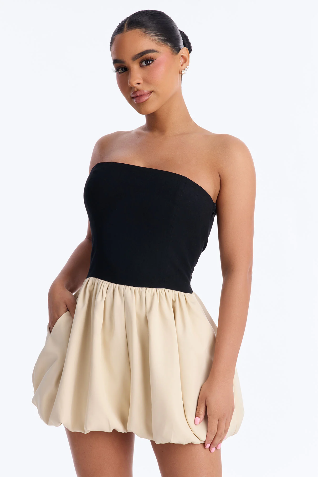 Ria Strapless Bubble Romper - Beige - Image 2