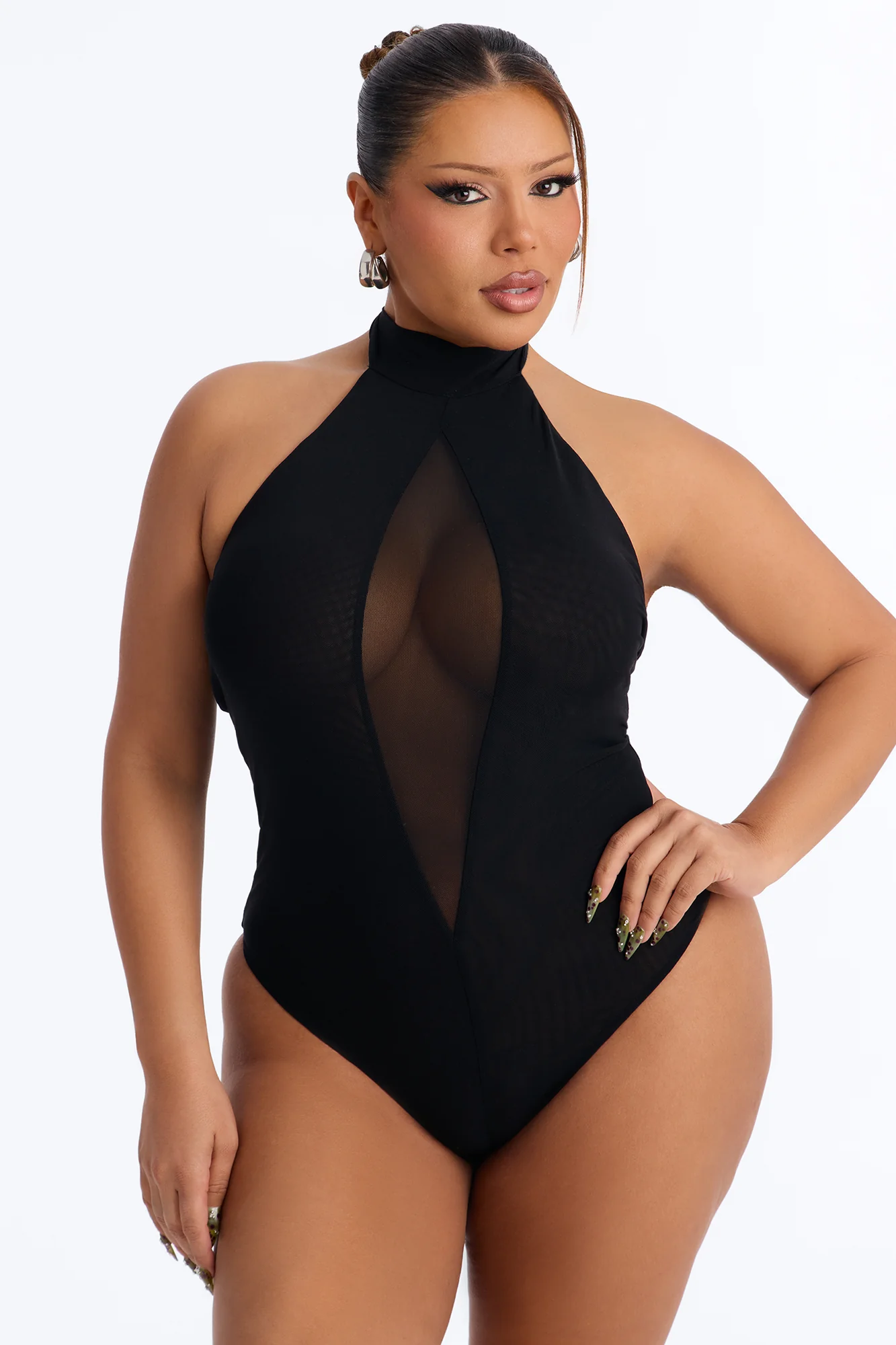 Rianna Mock Neck Sheer Mesh Bodysuit - Black - Image 5