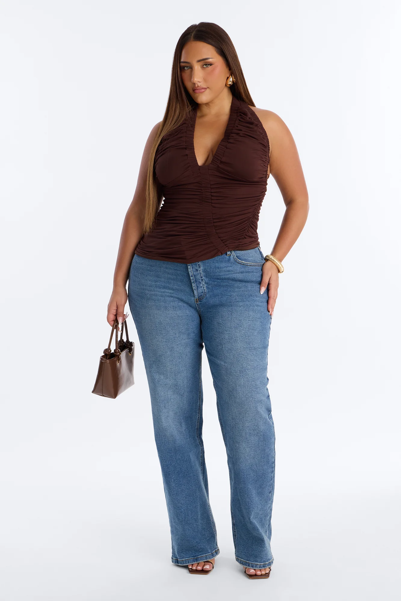 Rianna Ruched Deep V-Neck Tank Top - Brown - Image 5