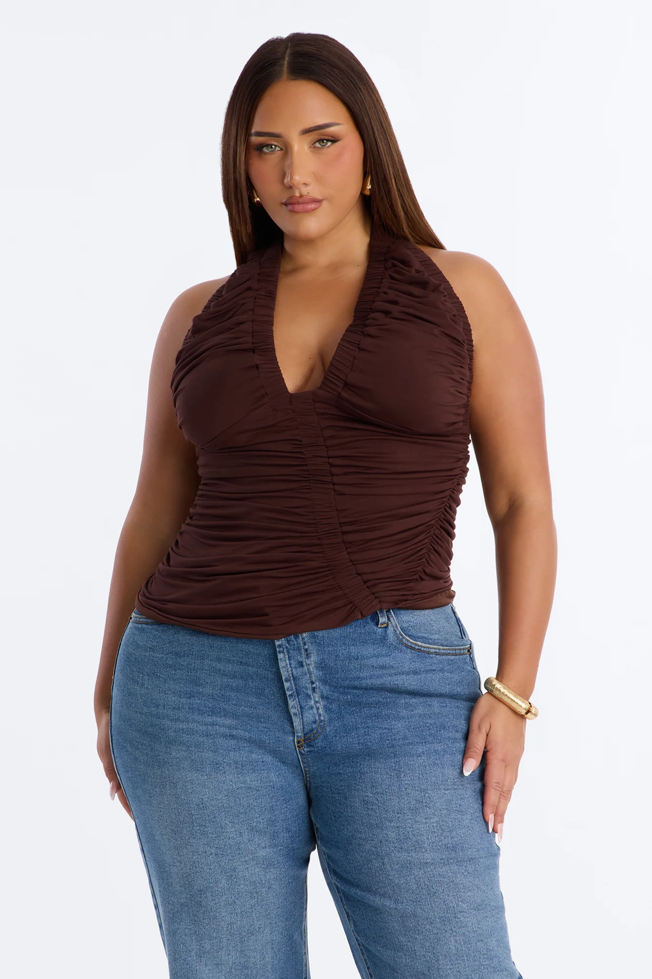 Rianna Ruched Deep V-Neck Tank Top - Brown - Image 6
