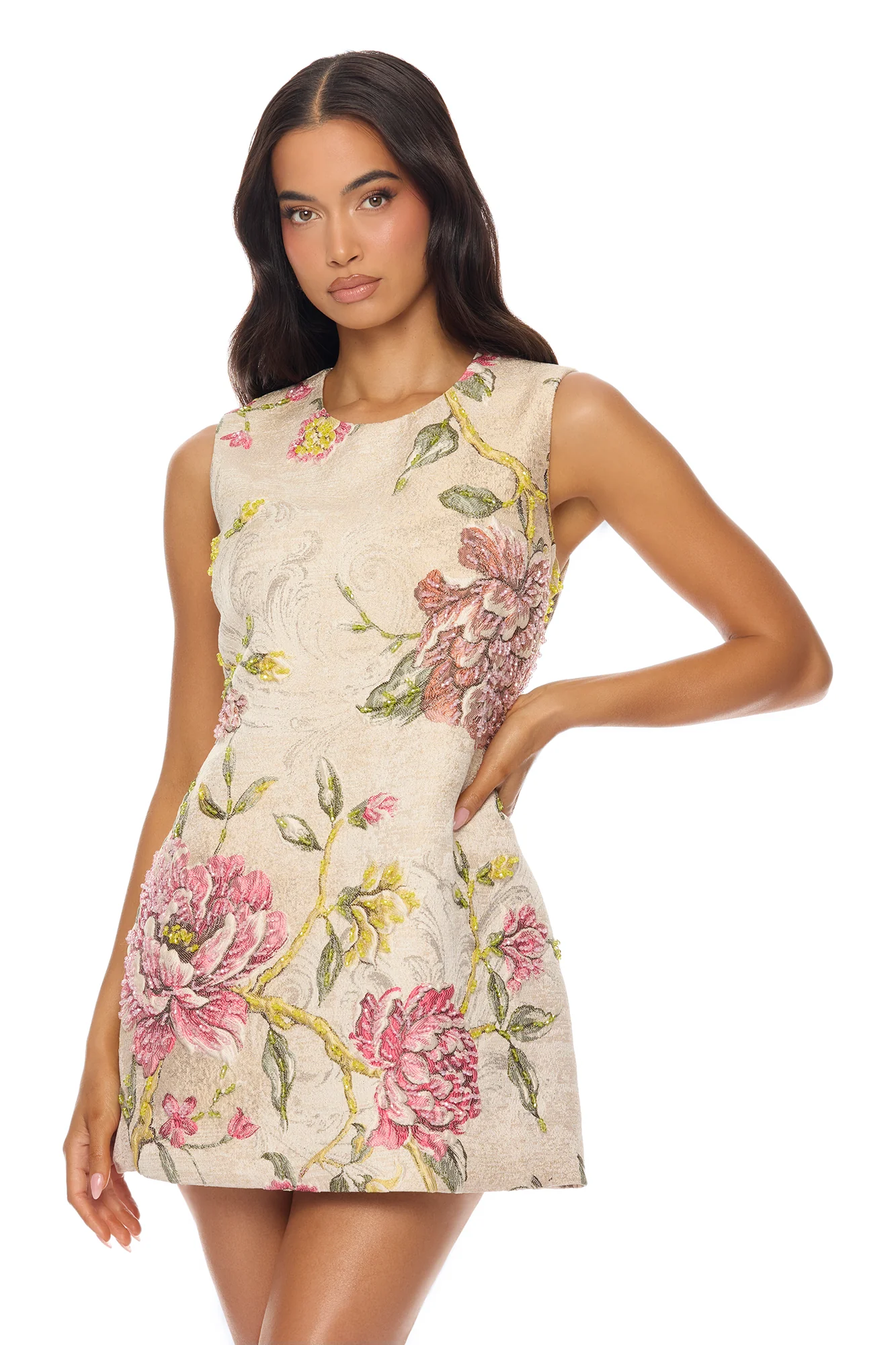 Riannon Jacquard Embellished Mini Dress - Taupe - Image 2