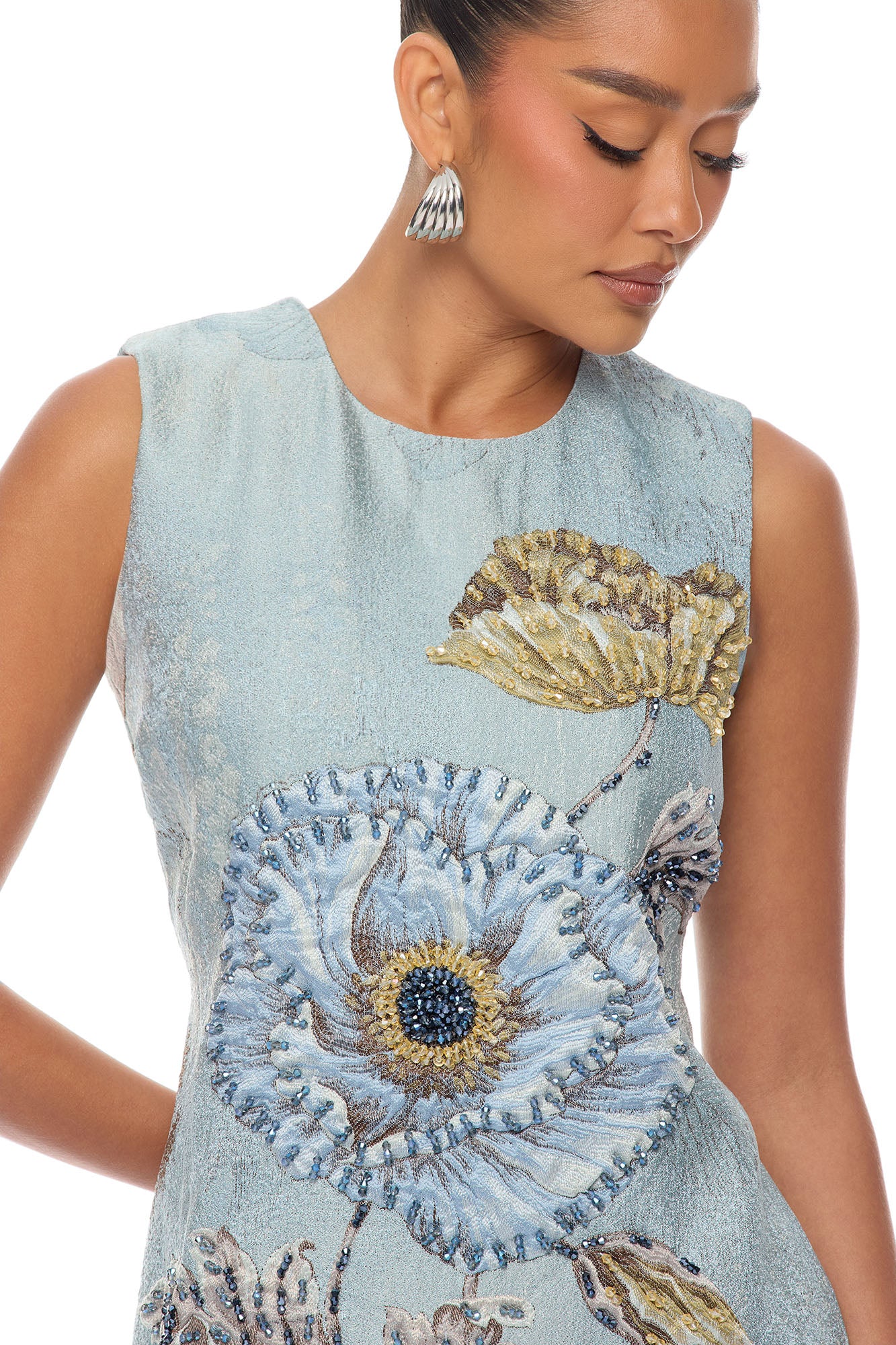 Riannon Sleeveless Embellished Jacquard Mini Dress - Blue - Image 3