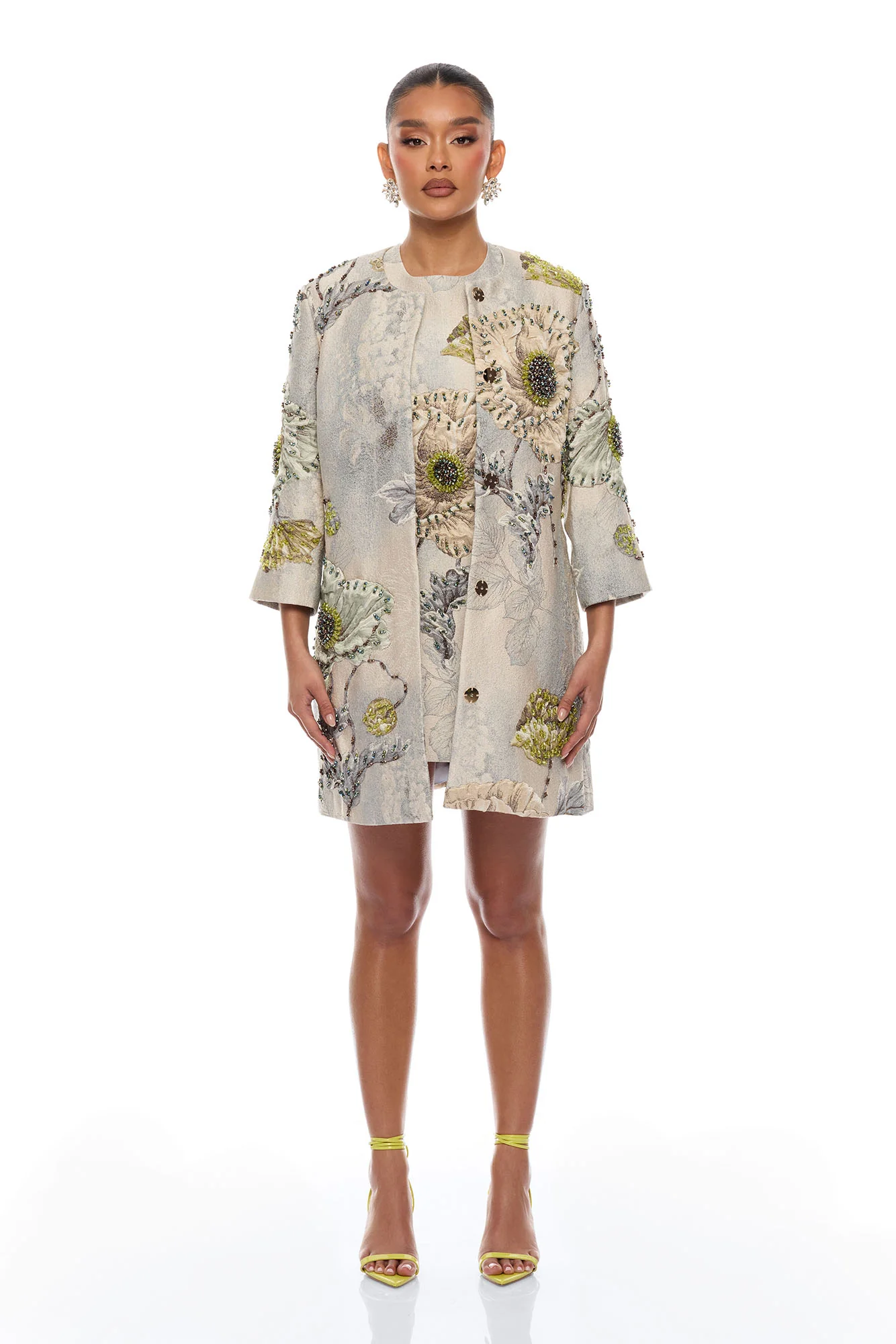 Riannon Sleeveless Embellished Jacquard Mini Dress - Grey - Image 2