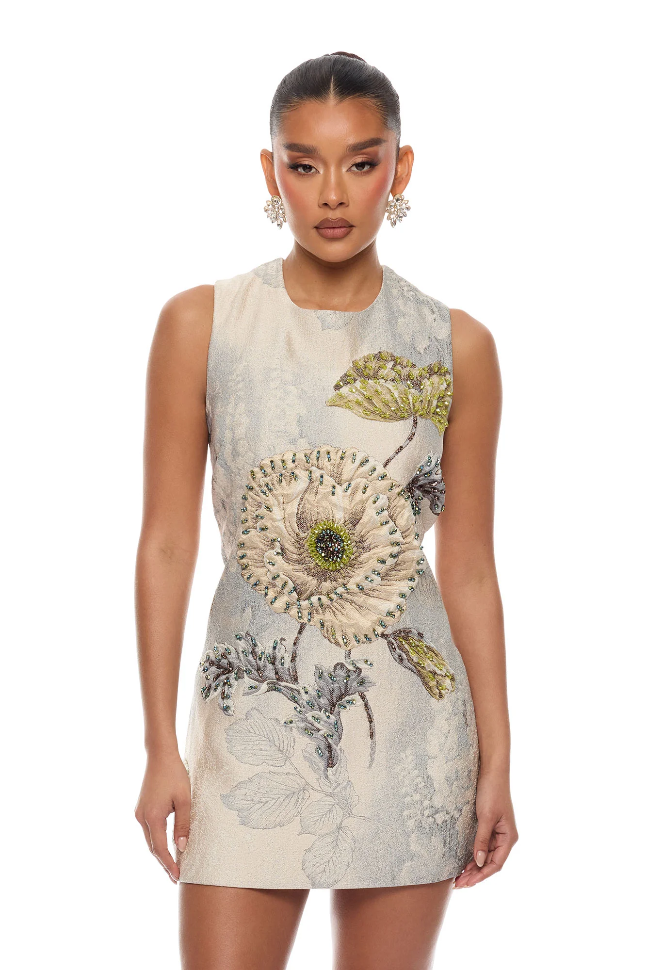 Riannon Sleeveless Embellished Jacquard Mini Dress - Grey - Image 3