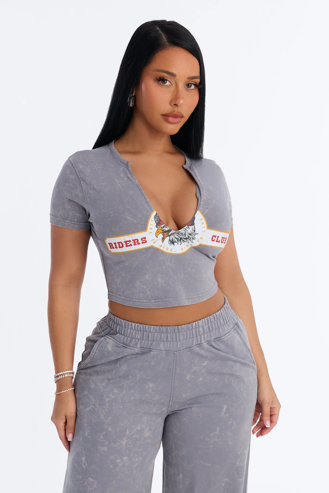 Riders Club V-Neck French Terry Jogger Set - Charcoal - Image 2