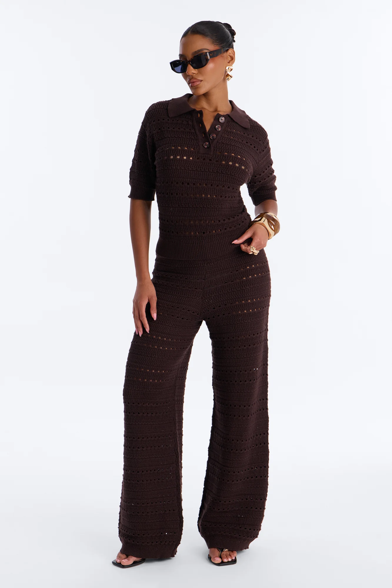 Riley Polo Crochet Pant Set - Chocolate