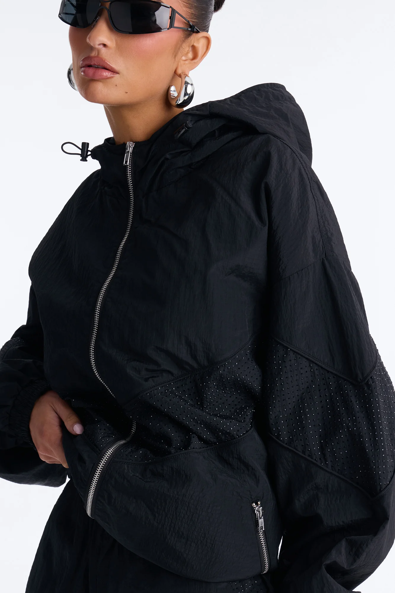 Riley Rhinestone Windbreaker Short Set - Black - Image 3